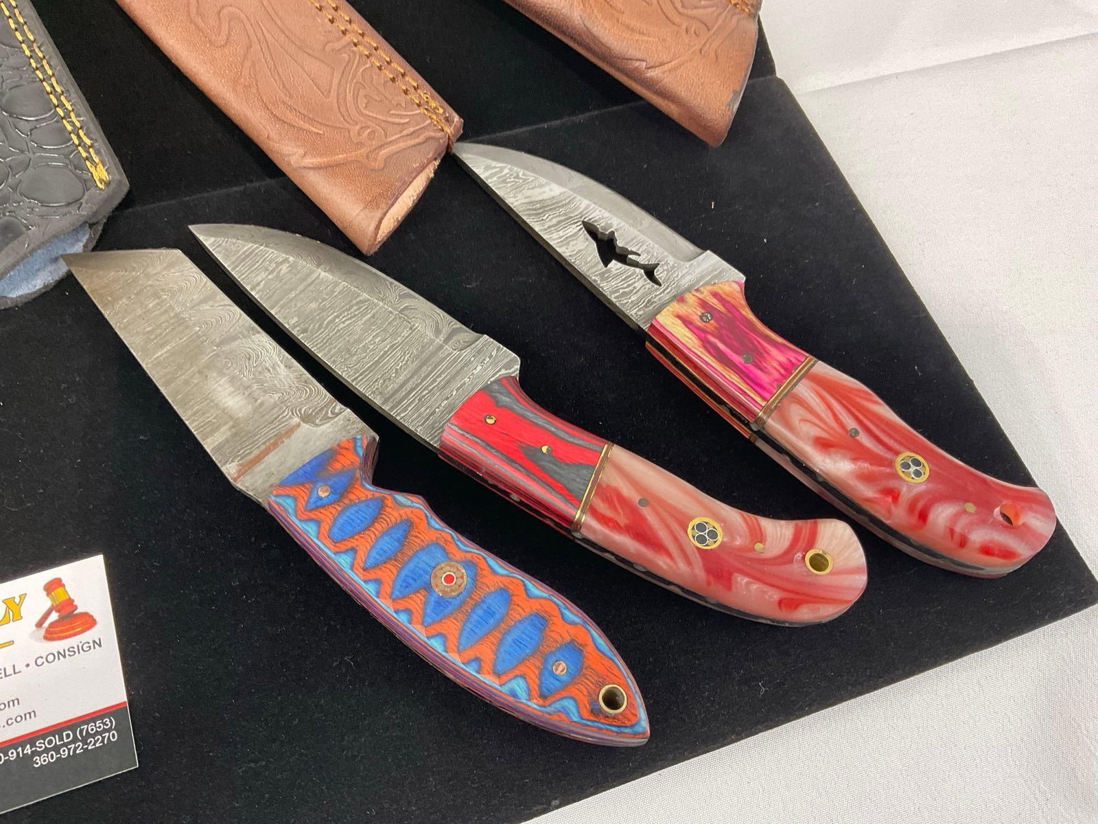 Set of 3 Damascus style blade Knives, Tinted Wood & Resin Handles, & Leather Sheaths - 3