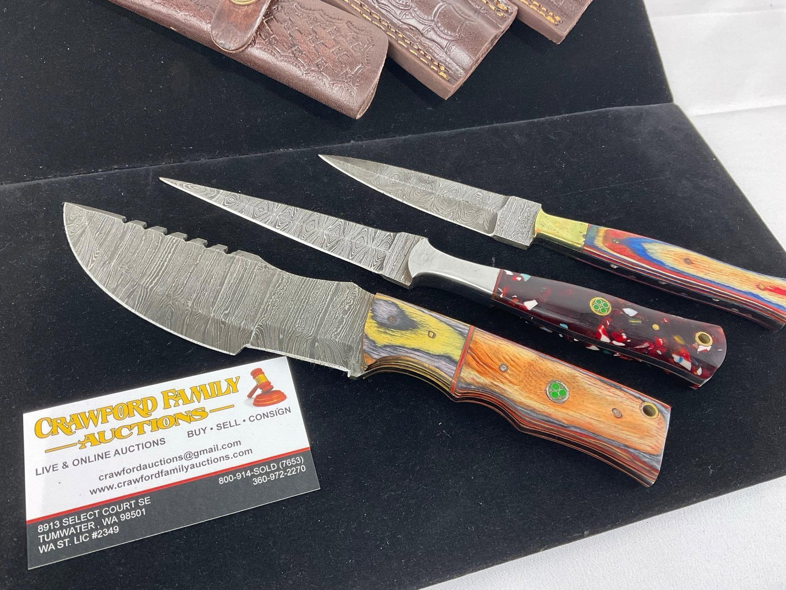 3 Handmade Knives, 1 Tracker & 2 Dagger w/Damascus style blades, Wood & Resin Handles, & Sheaths - 2