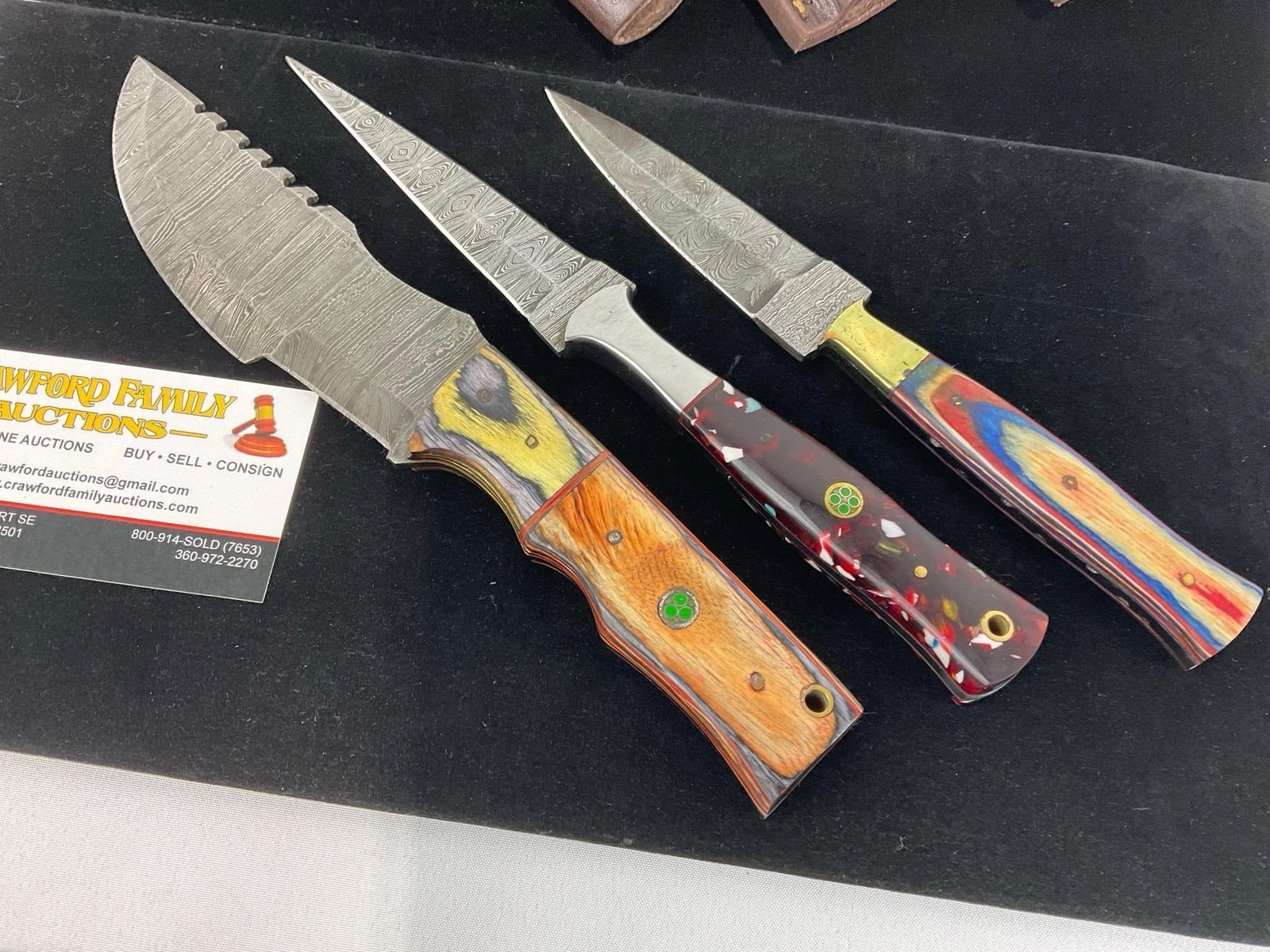 3 Handmade Knives, 1 Tracker & 2 Dagger w/Damascus style blades, Wood & Resin Handles, & Sheaths - 3