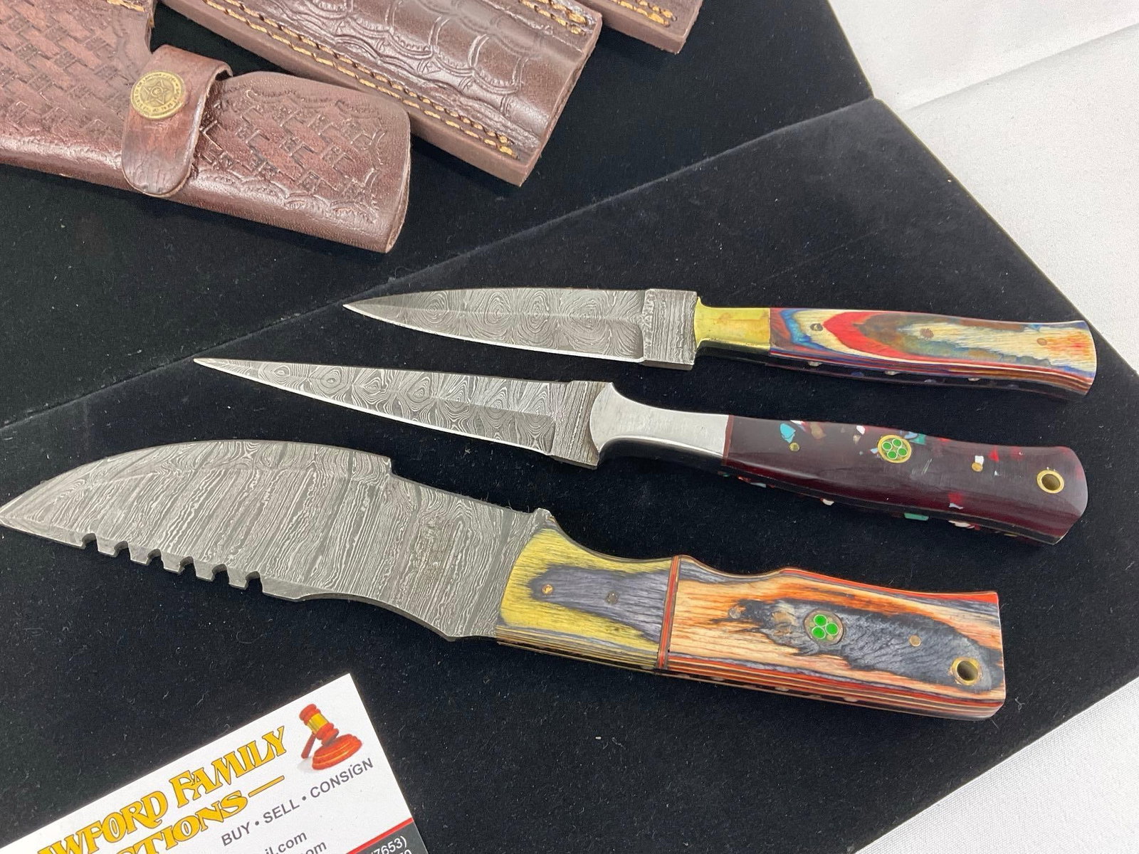 3 Handmade Knives, 1 Tracker & 2 Dagger w/Damascus style blades, Wood & Resin Handles, & Sheaths - 4
