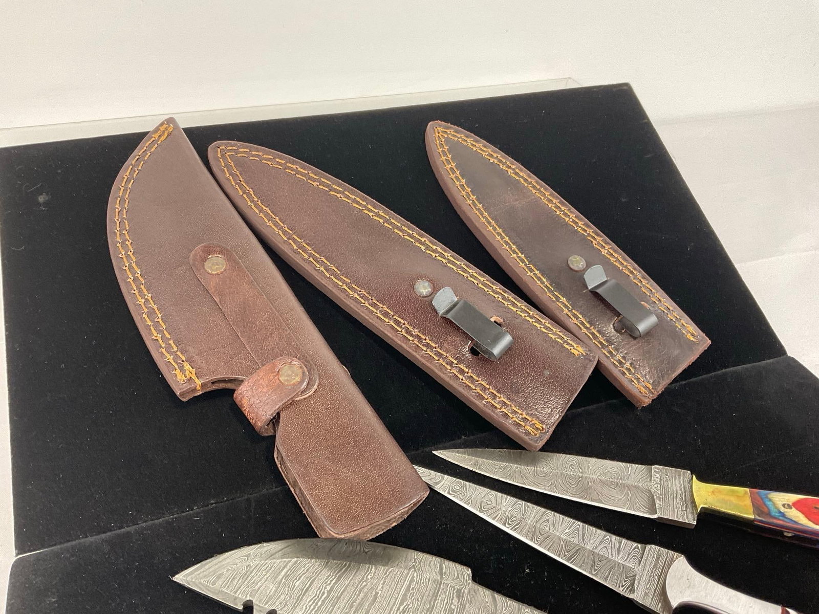 3 Handmade Knives, 1 Tracker & 2 Dagger w/Damascus style blades, Wood & Resin Handles, & Sheaths - 5