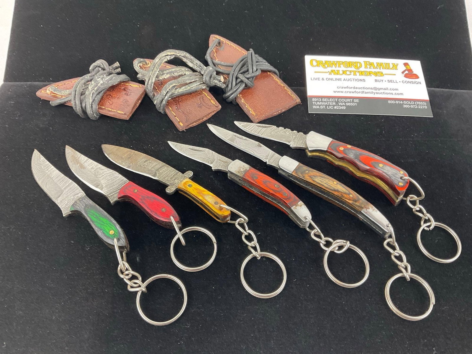 6 Handmade Small Keychain Knives, 3 Fixed Blade & 3 Folding, Custom Tinted Wood Handles & 3 sheaths: Appears to be in good shape. The piece measures approx 8h x 4w x 3d inches. See pics. E-3440