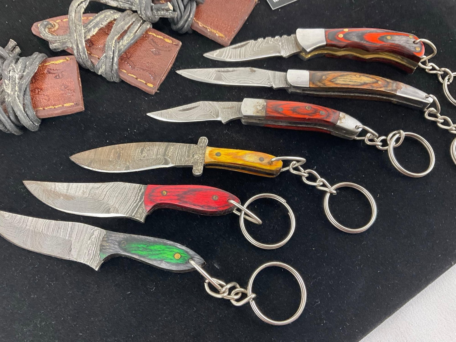 6 Handmade Small Keychain Knives, 3 Fixed Blade & 3 Folding, Custom Tinted Wood Handles & 3 sheaths - 2