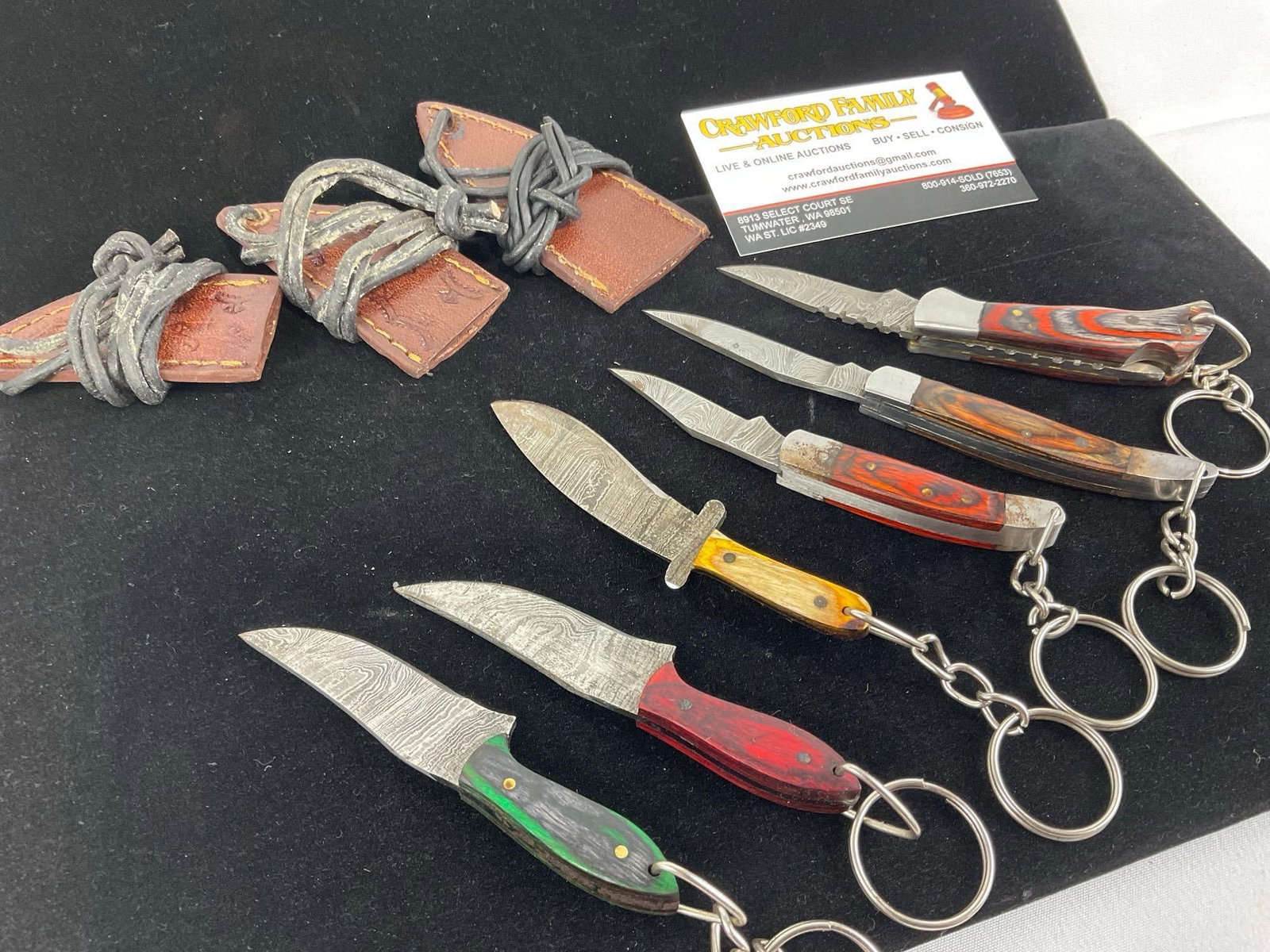 6 Handmade Small Keychain Knives, 3 Fixed Blade & 3 Folding, Custom Tinted Wood Handles & 3 sheaths - 3
