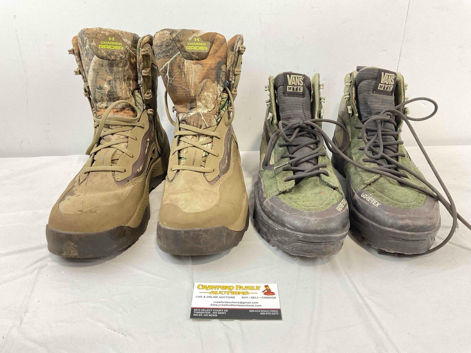 2 Pairs of Men's Size 11 Hiking Boots, incl. Under Armor & Vans MTE. Fair Condition. See pics.: 2 Pairs of Men's Size 11 Hiking Boots, incl. Under Armor & Vans MTE. Fair Condition. Stains and wear indicative of age and use, otherwise looks to be in fair condition. Fits in a box measuring