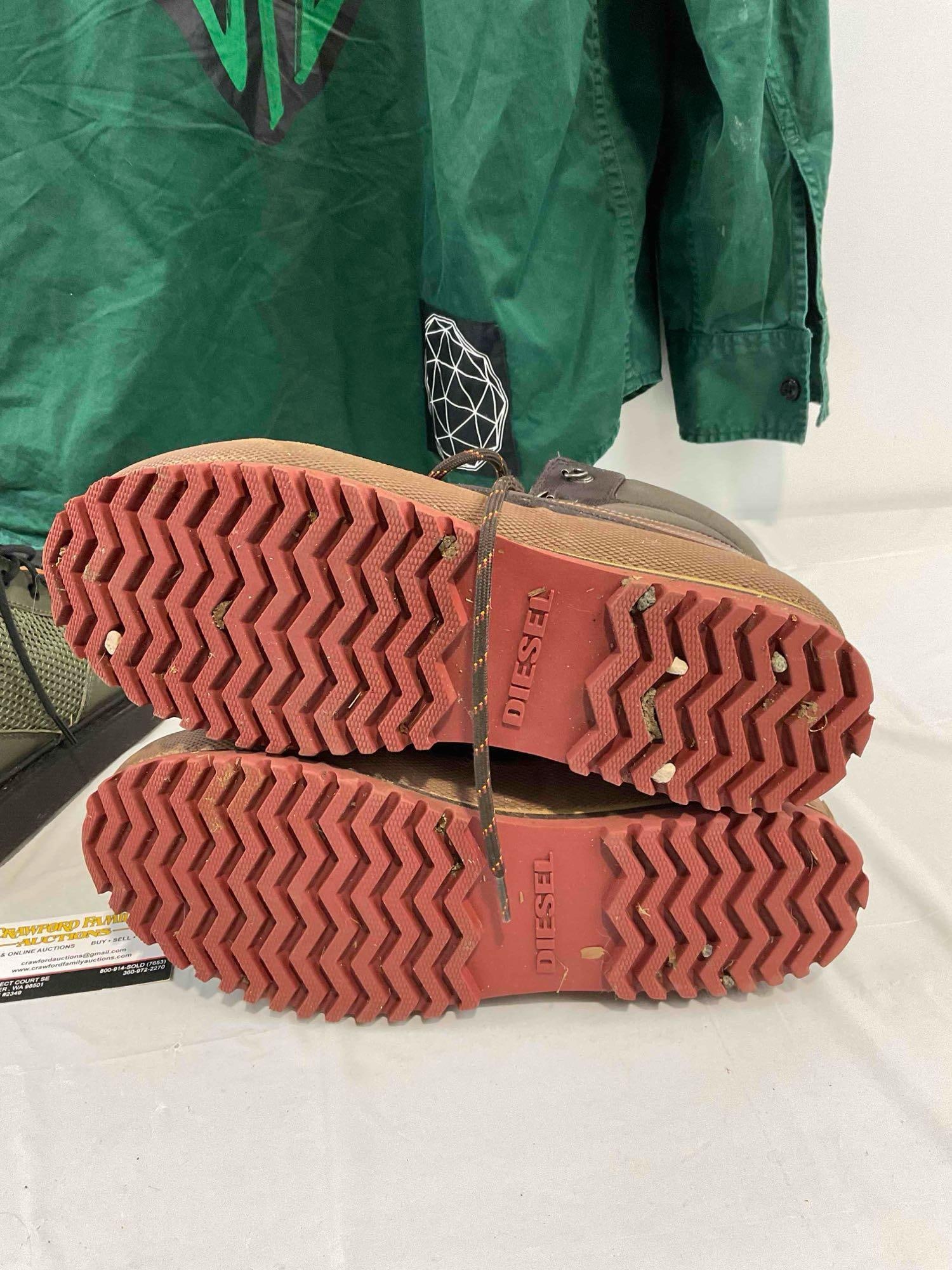 3 pcs Diesel Men's Clothing, incl. XL Green Shirt, 2 Pairs of Size Men's US 11 Boots. See pics. - 14