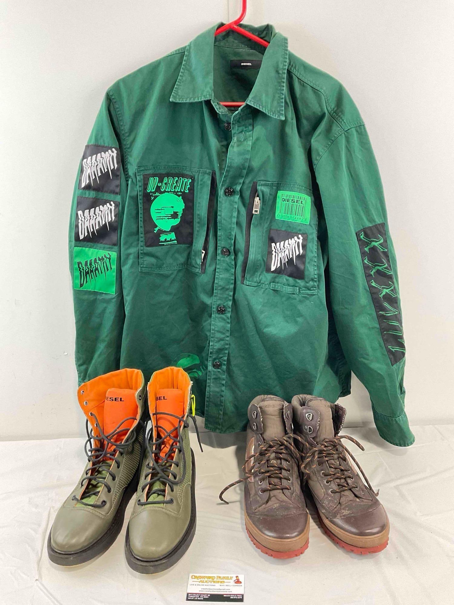 3 pcs Diesel Men's Clothing, incl. XL Green Shirt, 2 Pairs of Size Men's US 11 Boots. See pics.: 3 pcs Diesel Men's Clothing, incl. XL Green Shirt, 2 Pairs of Size Men's US 11 Boots. Minor wear indicative of age and use, otherwise looks to be in good condition. Fits in box measuring 16" x 10" x