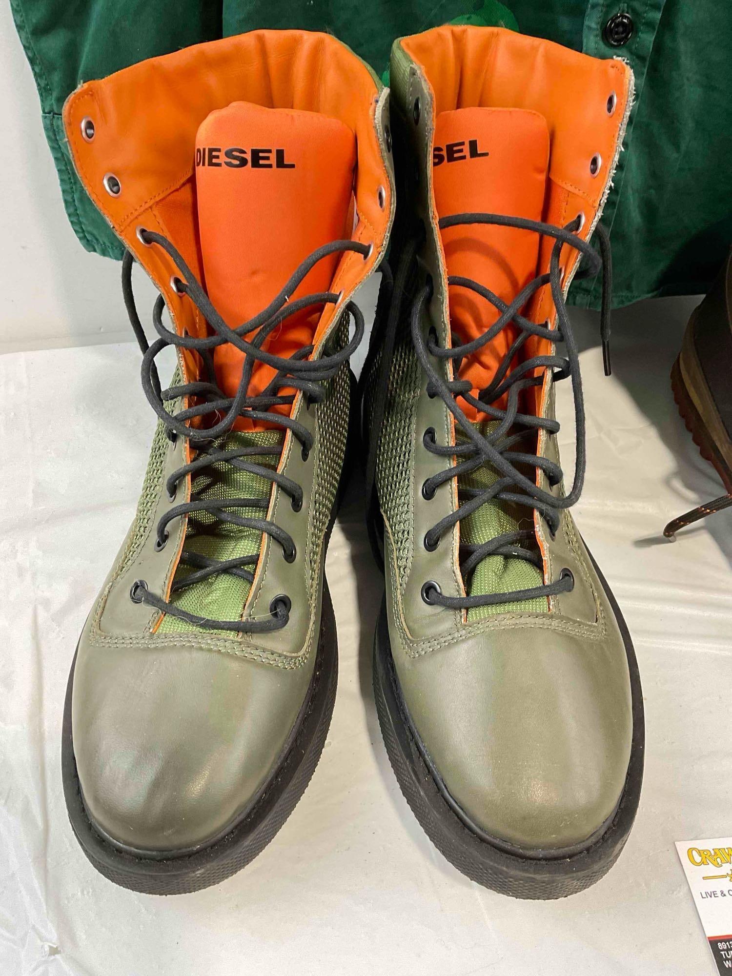 3 pcs Diesel Men's Clothing, incl. XL Green Shirt, 2 Pairs of Size Men's US 11 Boots. See pics. - 2