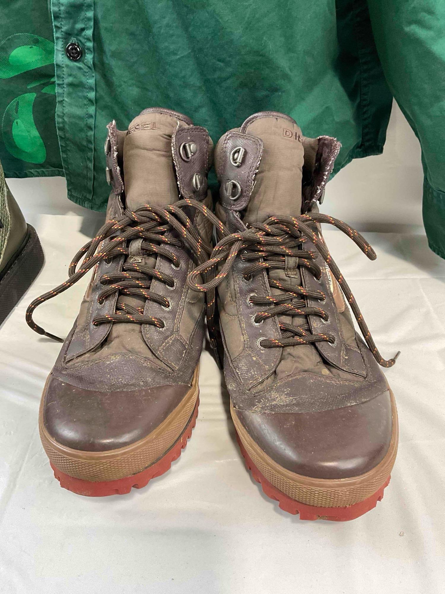 3 pcs Diesel Men's Clothing, incl. XL Green Shirt, 2 Pairs of Size Men's US 11 Boots. See pics. - 3