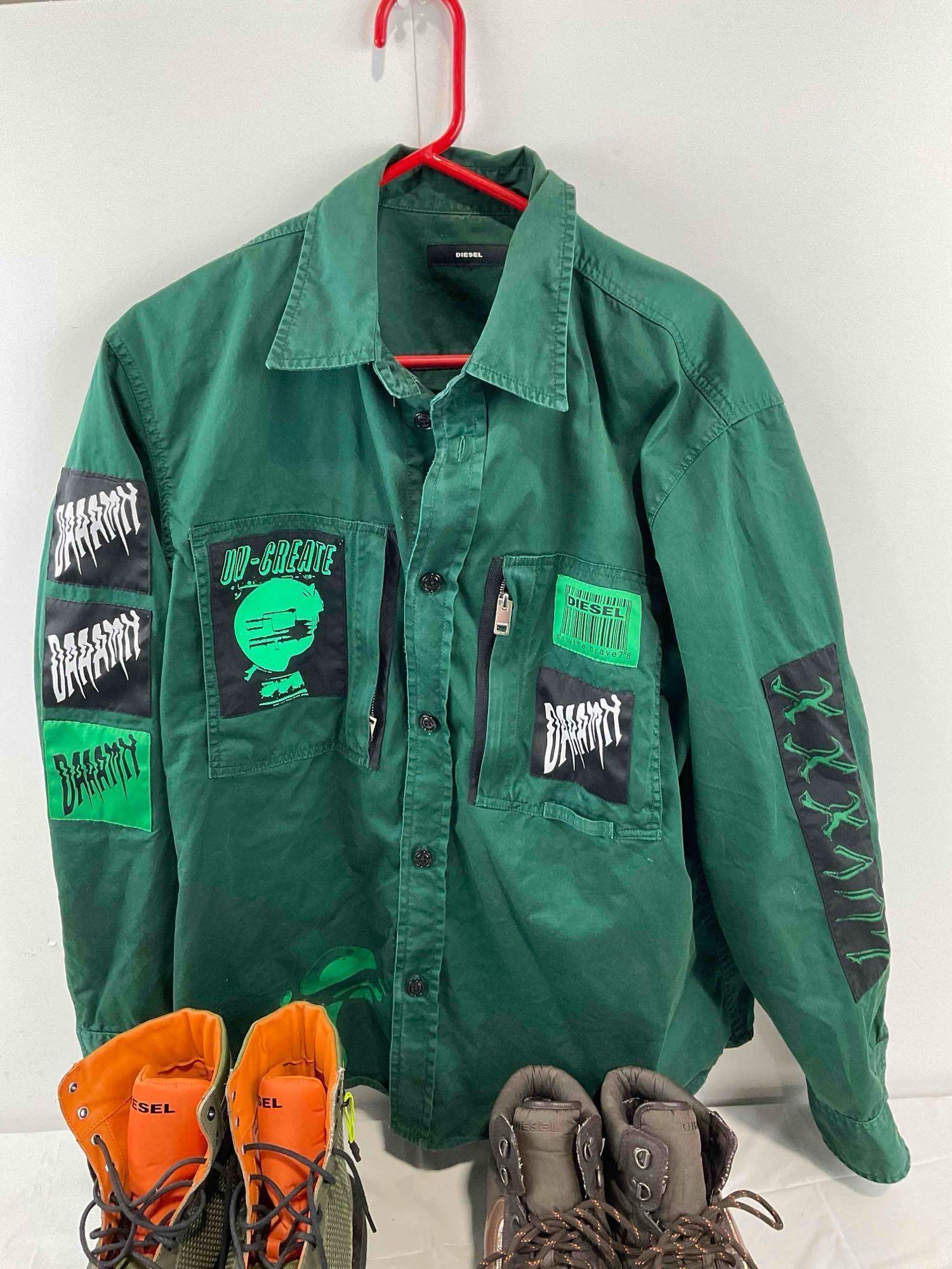 3 pcs Diesel Men's Clothing, incl. XL Green Shirt, 2 Pairs of Size Men's US 11 Boots. See pics. - 4