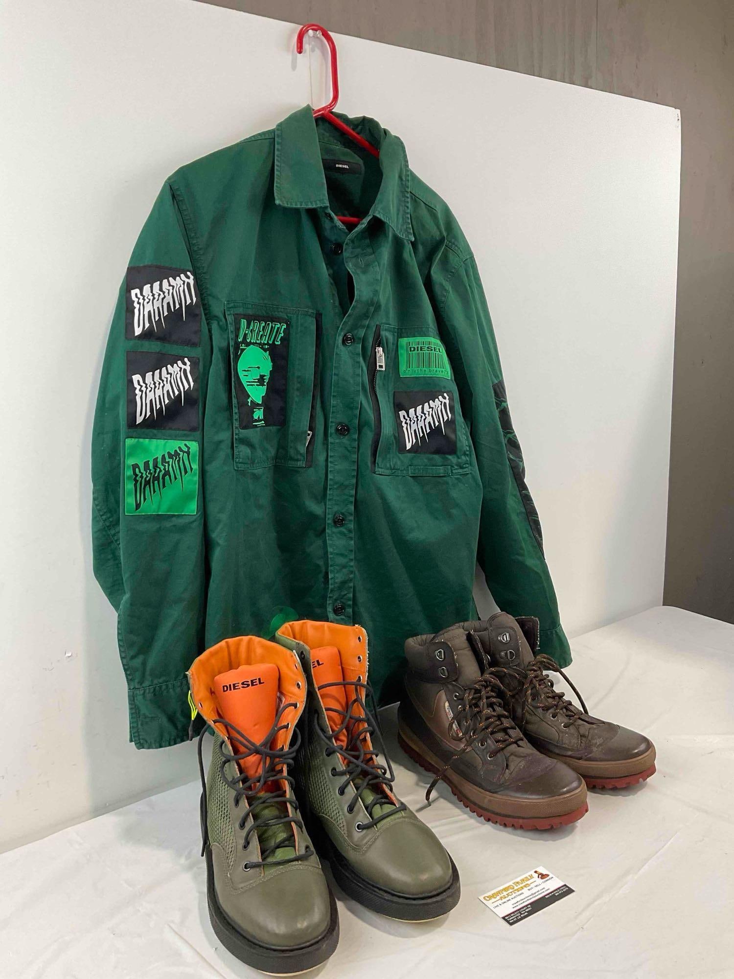 3 pcs Diesel Men's Clothing, incl. XL Green Shirt, 2 Pairs of Size Men's US 11 Boots. See pics. - 5