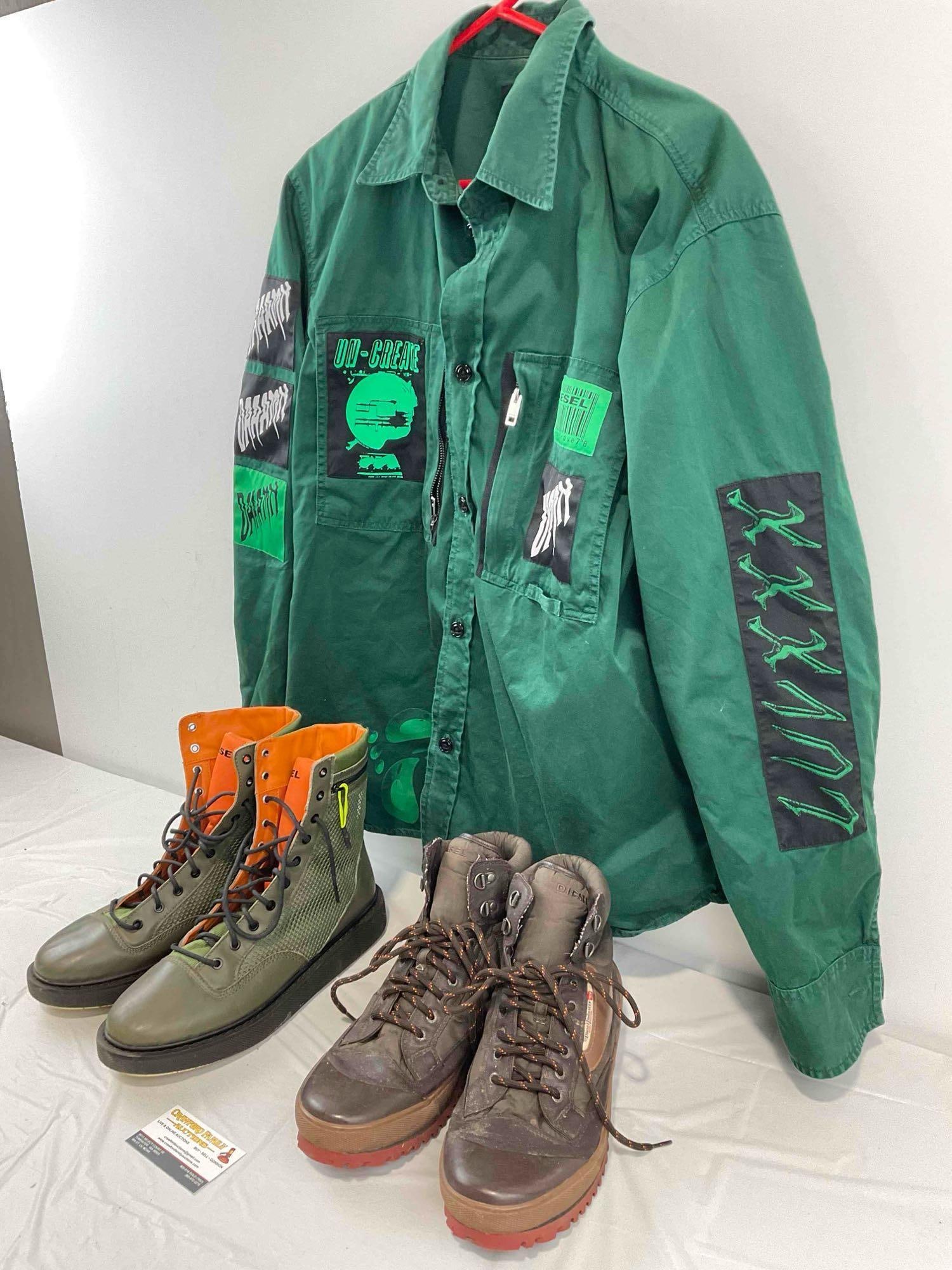 3 pcs Diesel Men's Clothing, incl. XL Green Shirt, 2 Pairs of Size Men's US 11 Boots. See pics. - 6