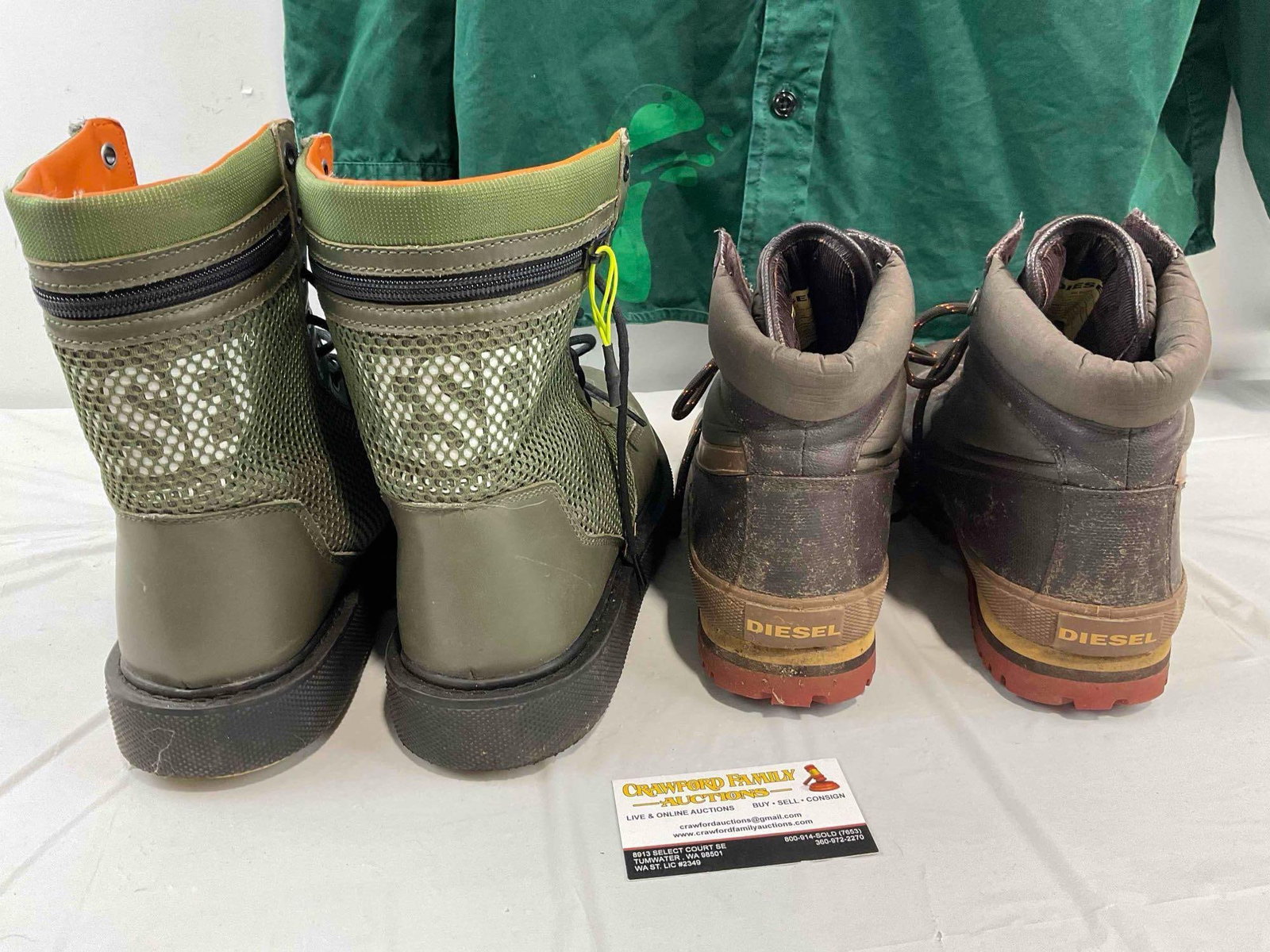3 pcs Diesel Men's Clothing, incl. XL Green Shirt, 2 Pairs of Size Men's US 11 Boots. See pics. - 9