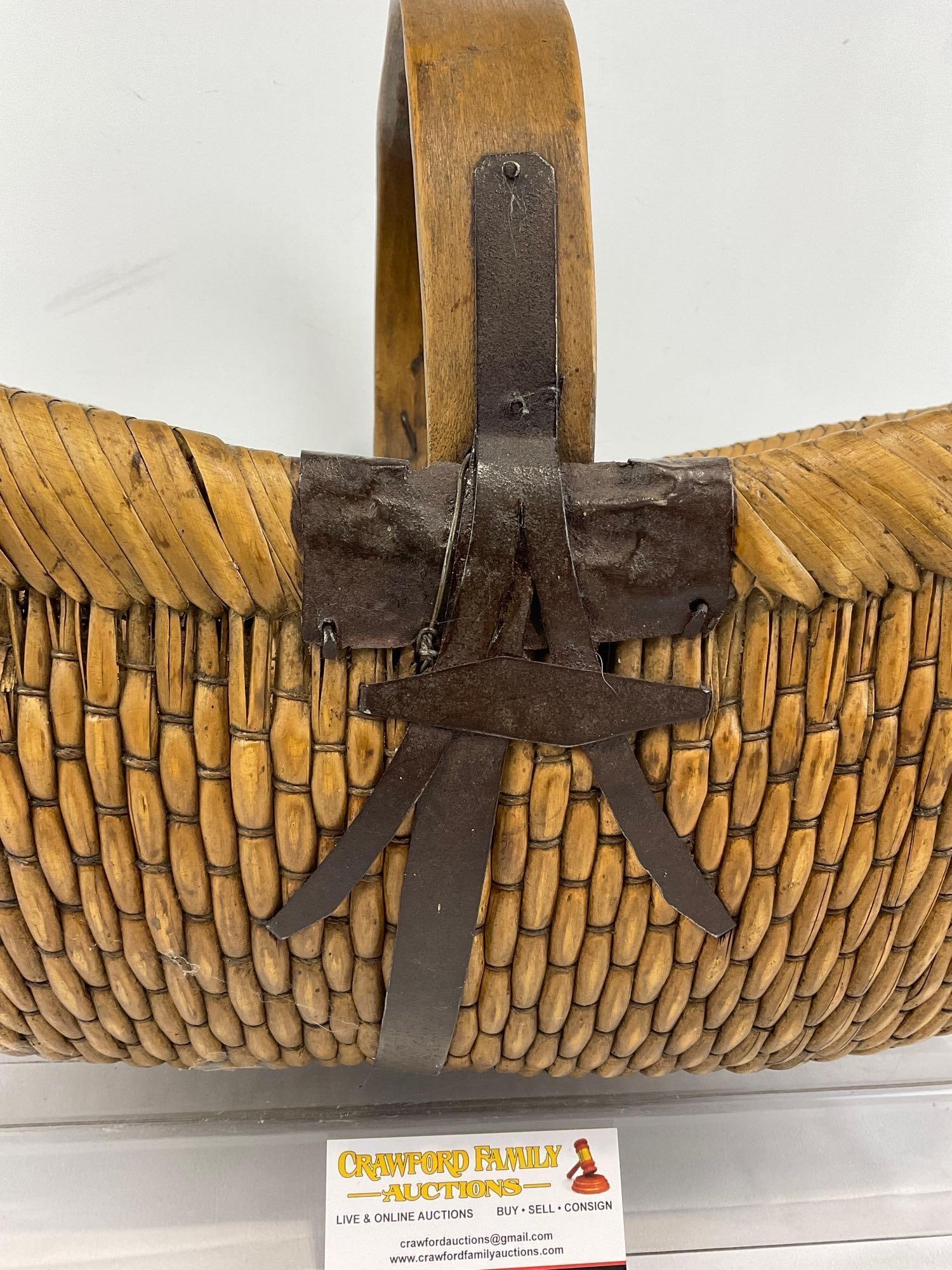 Vintage 1950s Chinese Woven Willow Gathering Basket, Bent Wood Handle w/Iron hardware - 2