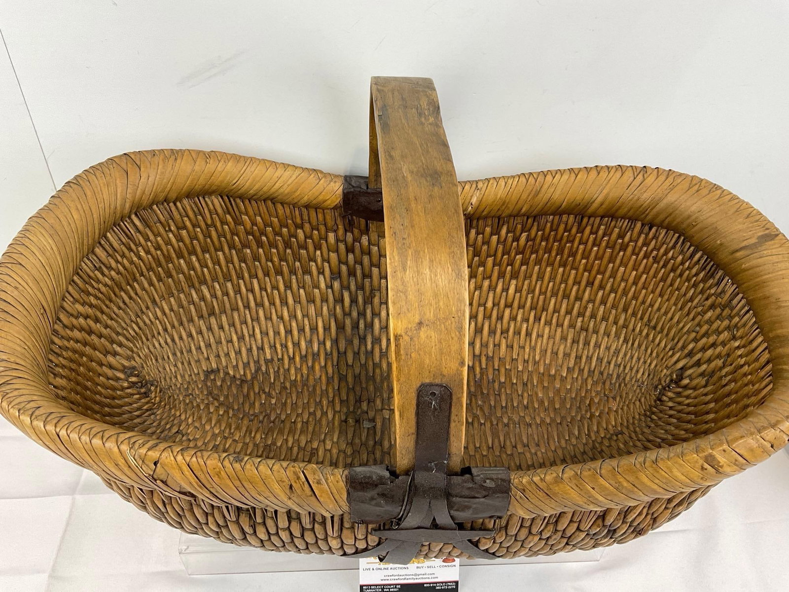 Vintage 1950s Chinese Woven Willow Gathering Basket, Bent Wood Handle w/Iron hardware - 3