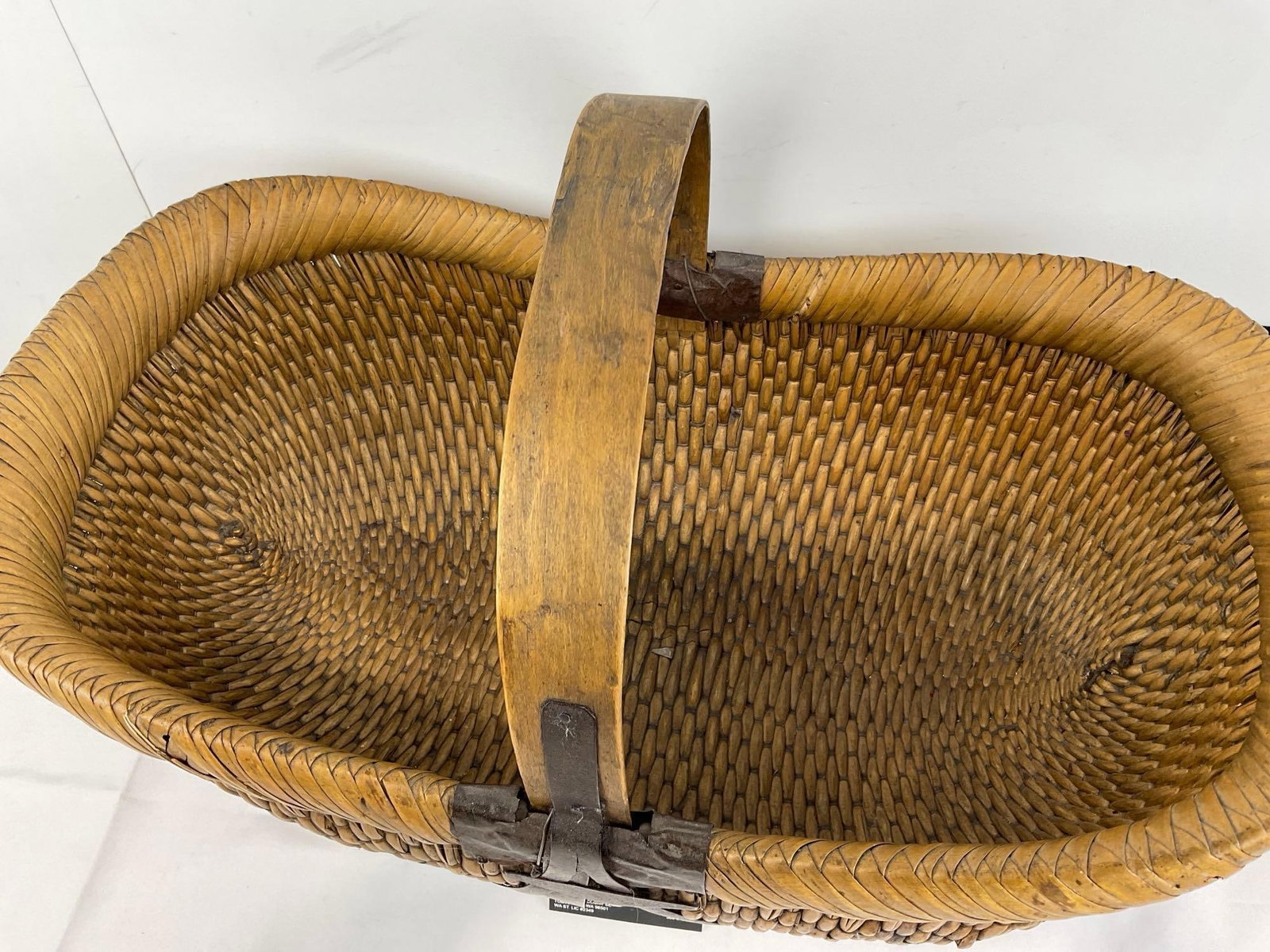 Vintage 1950s Chinese Woven Willow Gathering Basket, Bent Wood Handle w/Iron hardware - 4