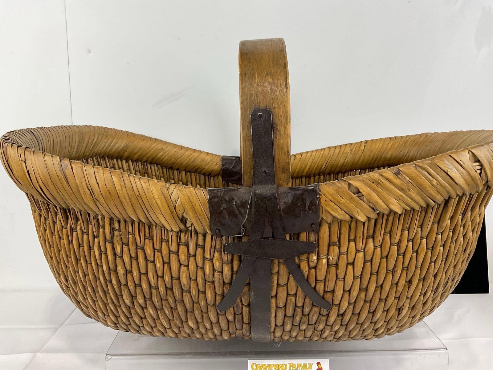 Vintage 1950s Chinese Woven Willow Gathering Basket, Bent Wood Handle w/Iron hardware - 5