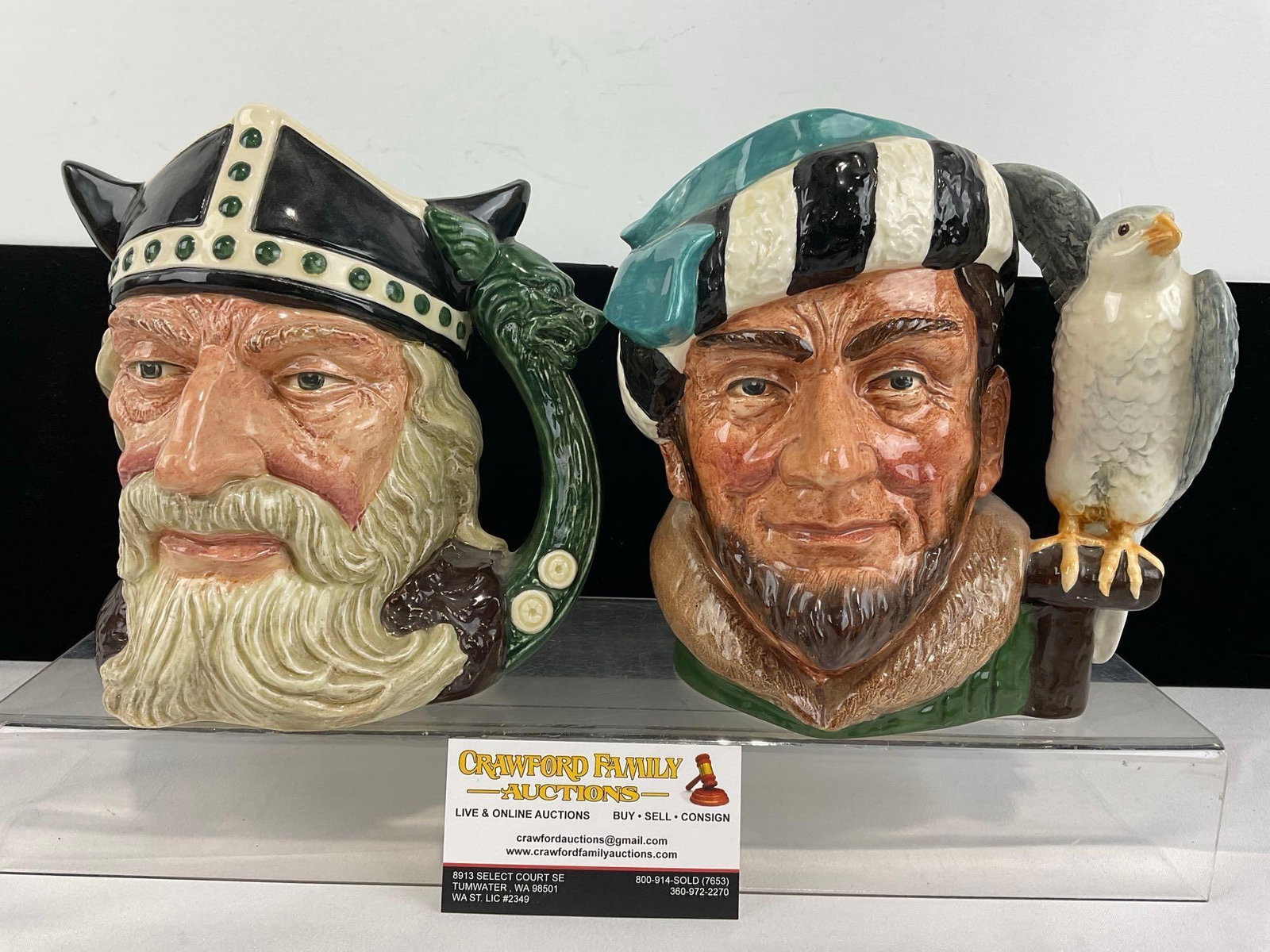 Pair of Royal Doulton Large Toby Mugs, titled Viking 1958 & The Falconer 1959: Appears to be in good shape. The piece measures approx 8h x 13w x 13d inches. See pics. E-5860