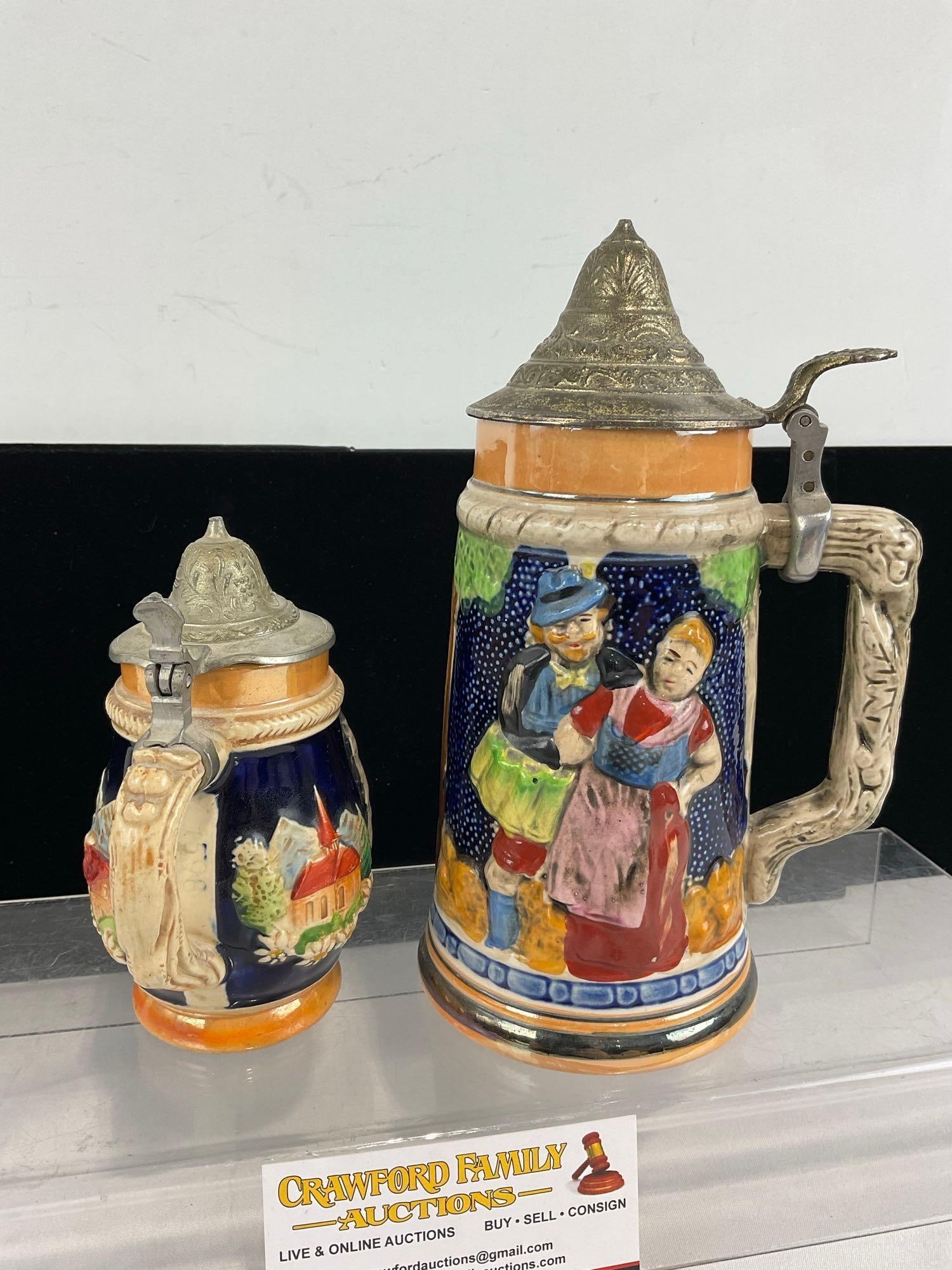 Pair of Beer Steins, Cobalted Castle Designs w/Pewter lids - 2