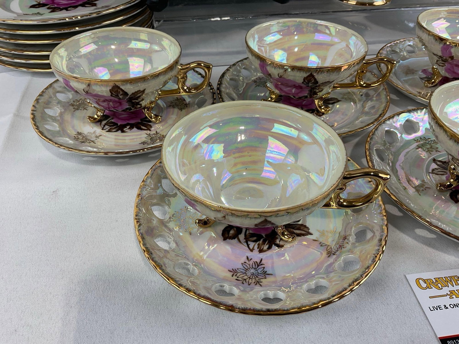 Postwar Japan NTK Brand Porcelain China, approx 21 pieces, iridescent w/handpainted rose designs - 2