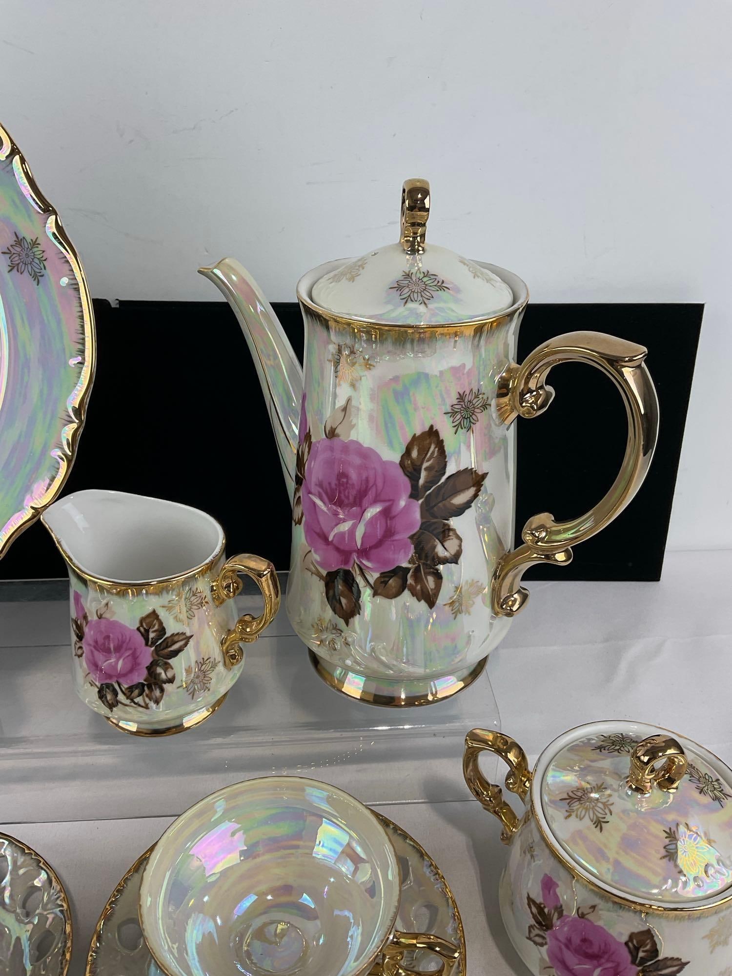 Postwar Japan NTK Brand Porcelain China, approx 21 pieces, iridescent w/handpainted rose designs - 5