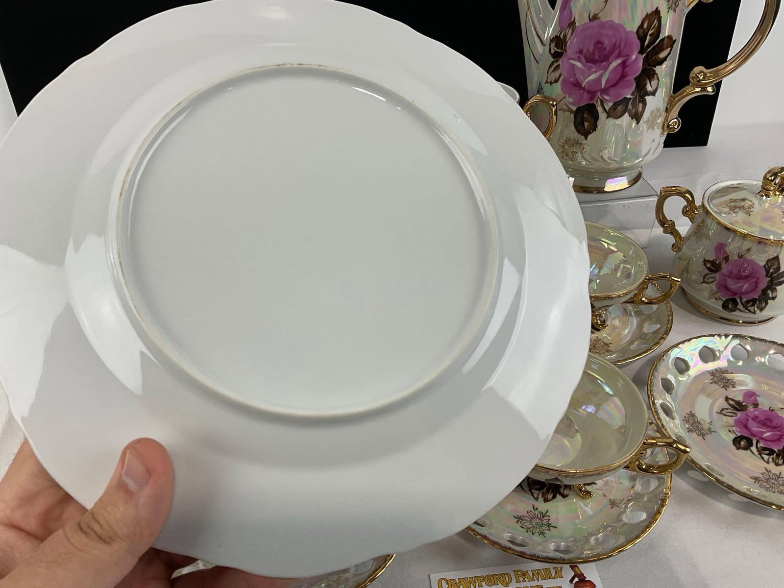 Postwar Japan NTK Brand Porcelain China, approx 21 pieces, iridescent w/handpainted rose designs - 6