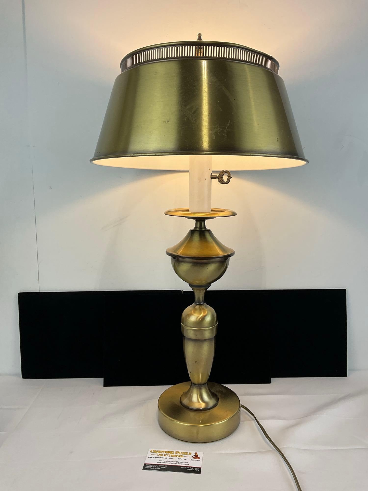 Brass Bouillotte Table Lamp, Candlestick design, tested & working, 27h x 14w x 14d inches: Appears to be in good shape. The piece measures approx 27h x 14w x 14d inches. See pics. E-5860