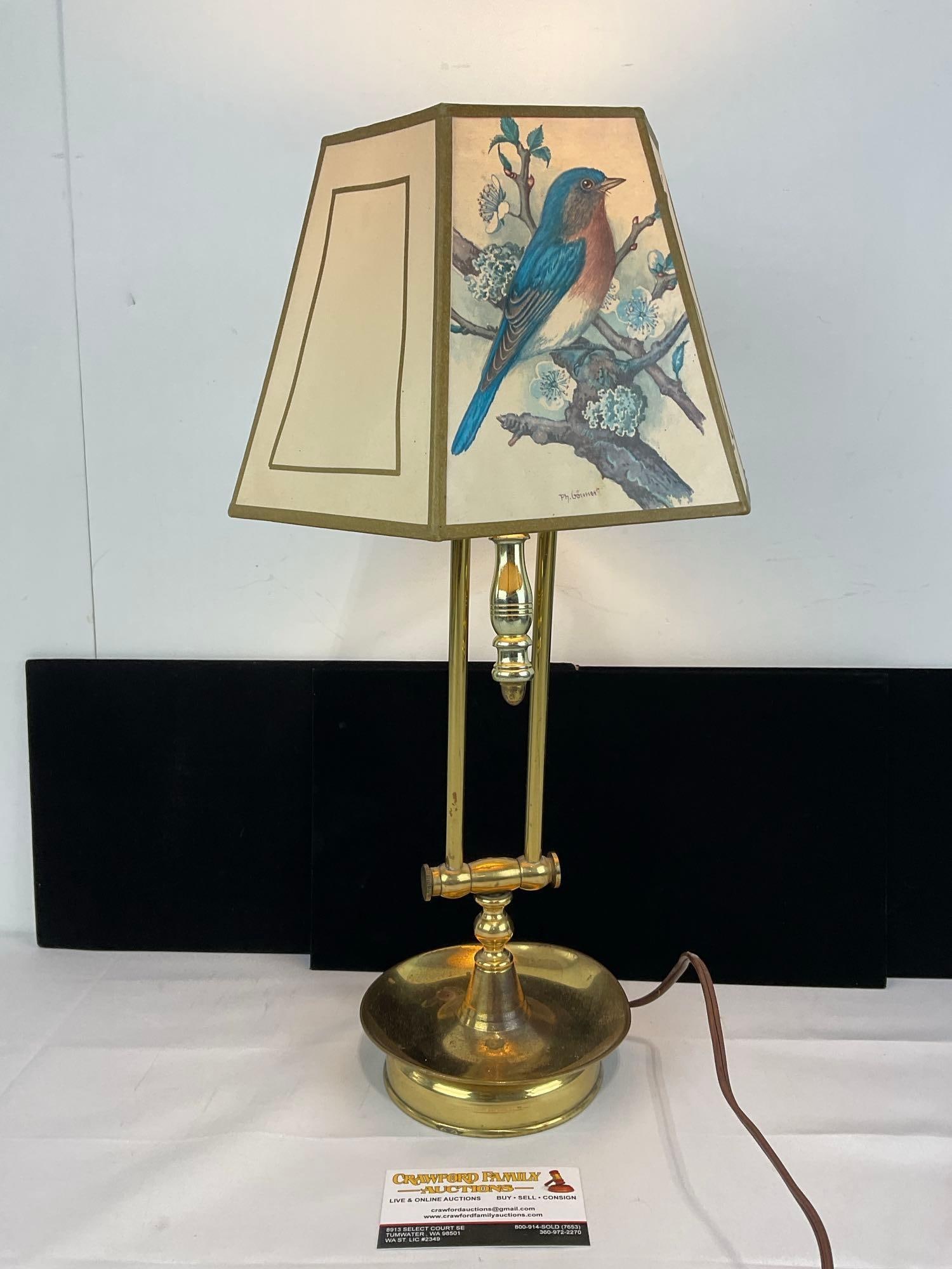 Vintage Brass Table Lamp w/Bird Design Shade, adjustable, tested & working (1 of 5)