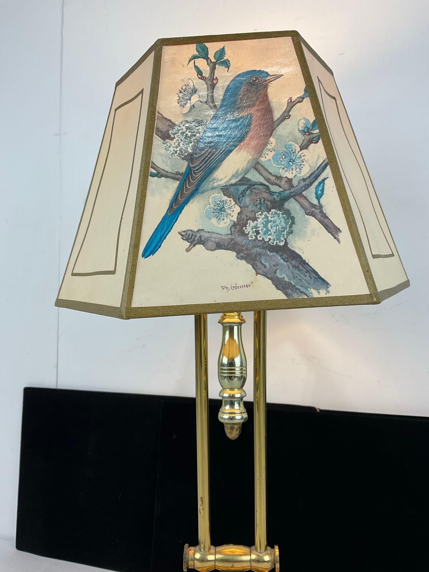 Vintage Brass Table Lamp w/Bird Design Shade, adjustable, tested & working - 2