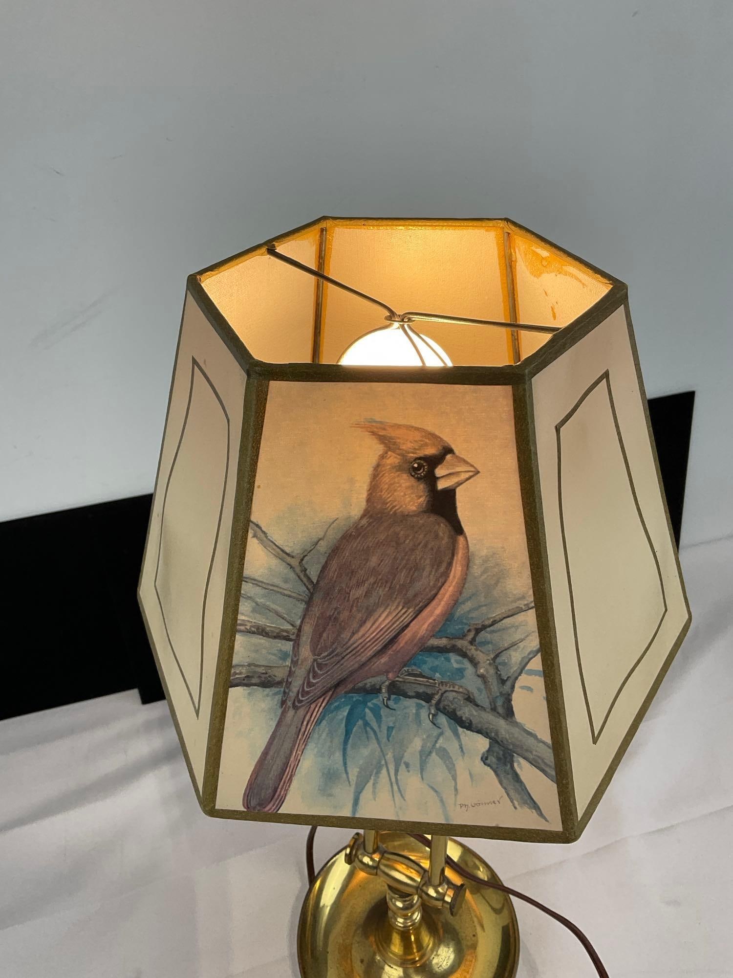 Vintage Brass Table Lamp w/Bird Design Shade, adjustable, tested & working - 4