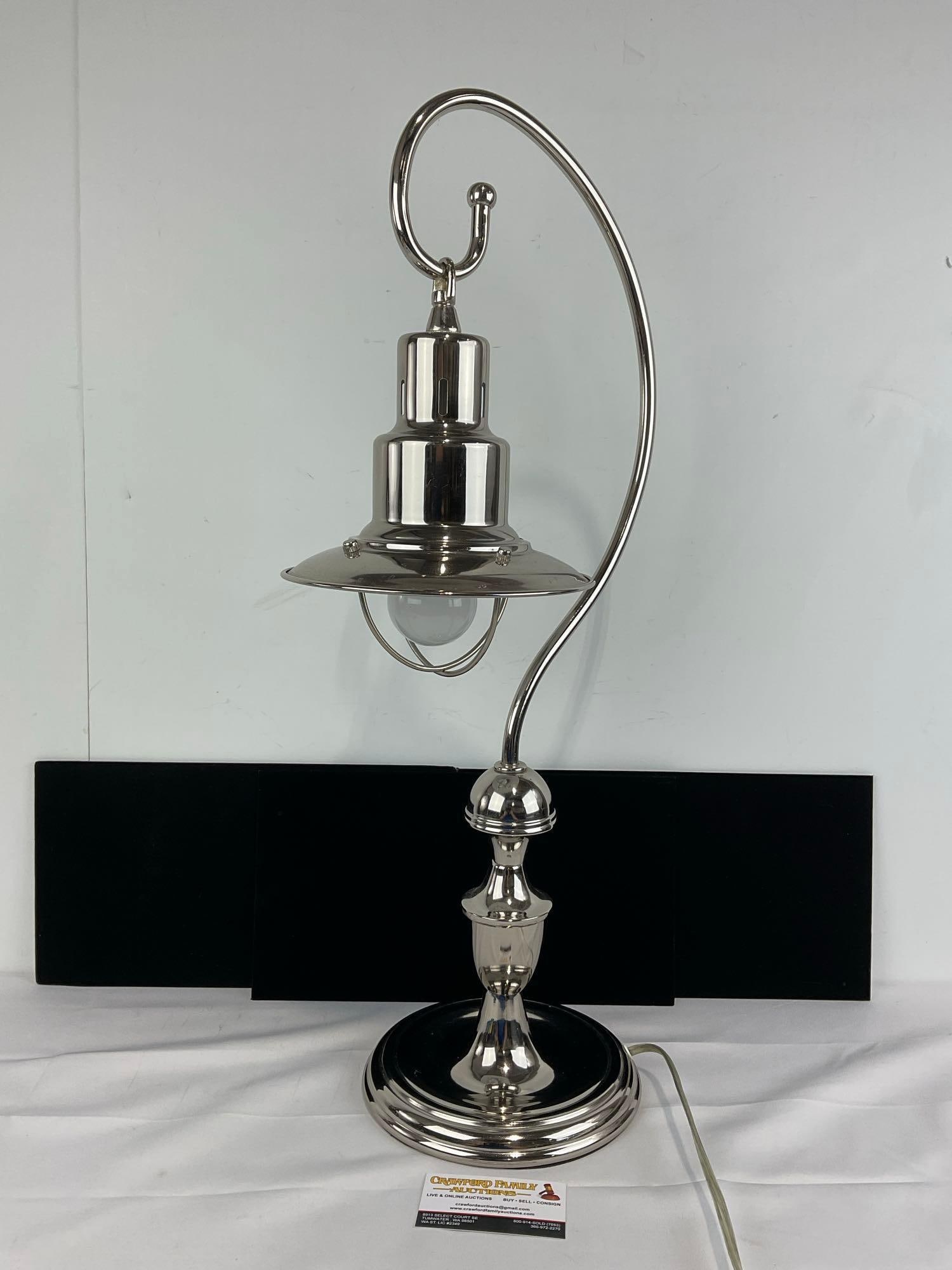 Nickel Finish Nautical Fisherman style Table Lamp, tested & working, 28h x 11w x 10d inches: Appears to be in good shape. The piece measures approx 28h x 11w x 10d inches. See pics. E-5860