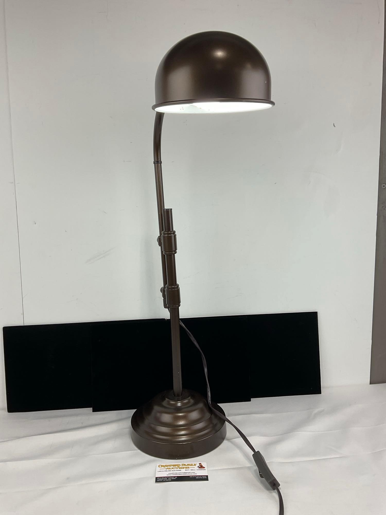 Maaike Bronze tone Desk Lamp, Adjustable Industrial design, tested & working, 20 inches tall: Appears to be in good shape. The piece measures approx 20h x 11w x 9d inches. See pics. E-5860