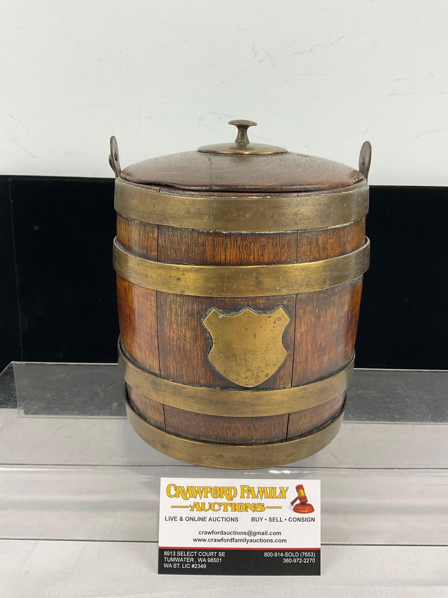 Vintage Wood & Brass Banded Ice Bucket, 8h x 7w x 7d inches, Shield Emblem on the front (1 of 4)