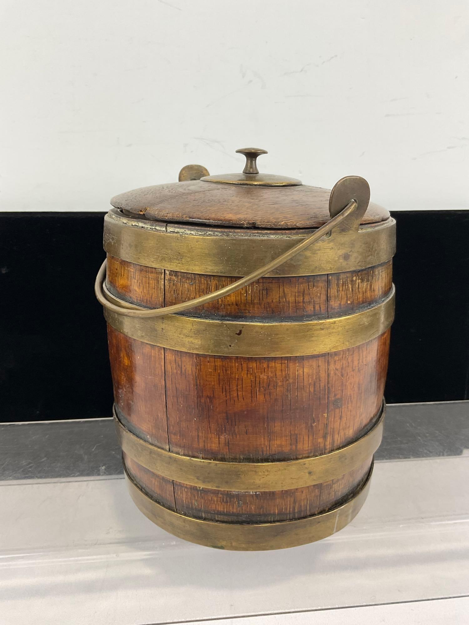 Vintage Wood & Brass Banded Ice Bucket, 8h x 7w x 7d inches, Shield Emblem on the front - 2