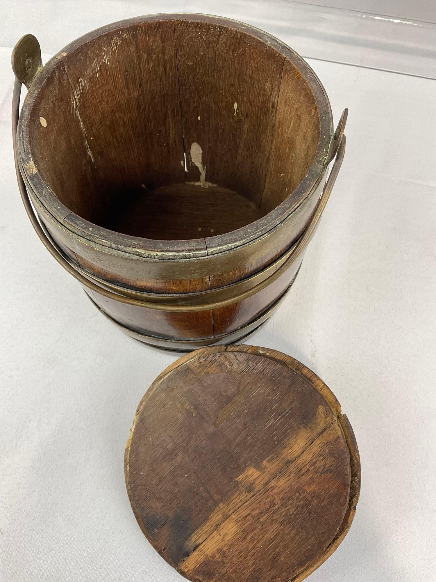 Vintage Wood & Brass Banded Ice Bucket, 8h x 7w x 7d inches, Shield Emblem on the front - 3