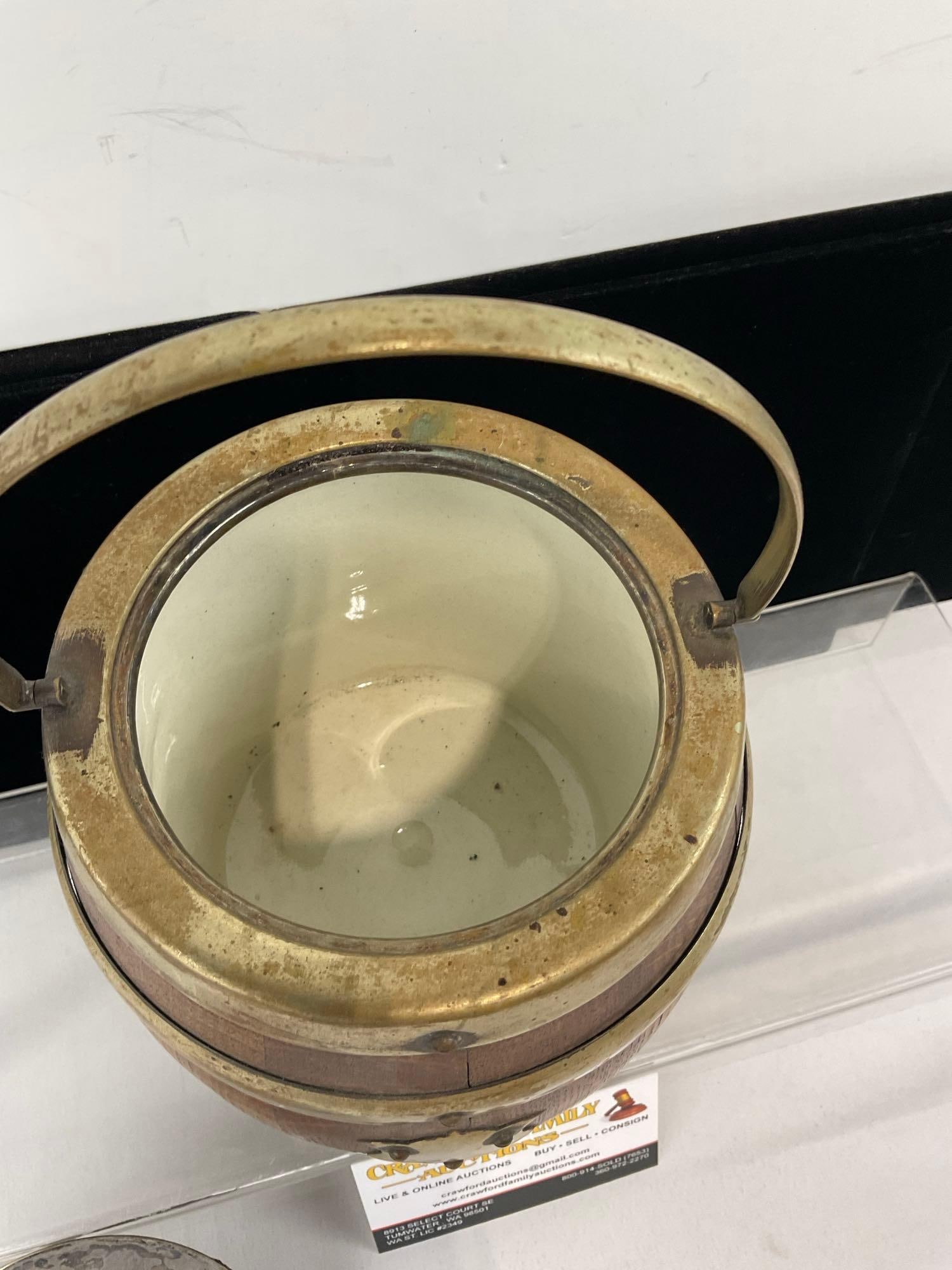 Antique 1920s Danier & Arter Silver Plated Banded Wooden Biscuit Barrel w/Ceramic Liner Inside - 5