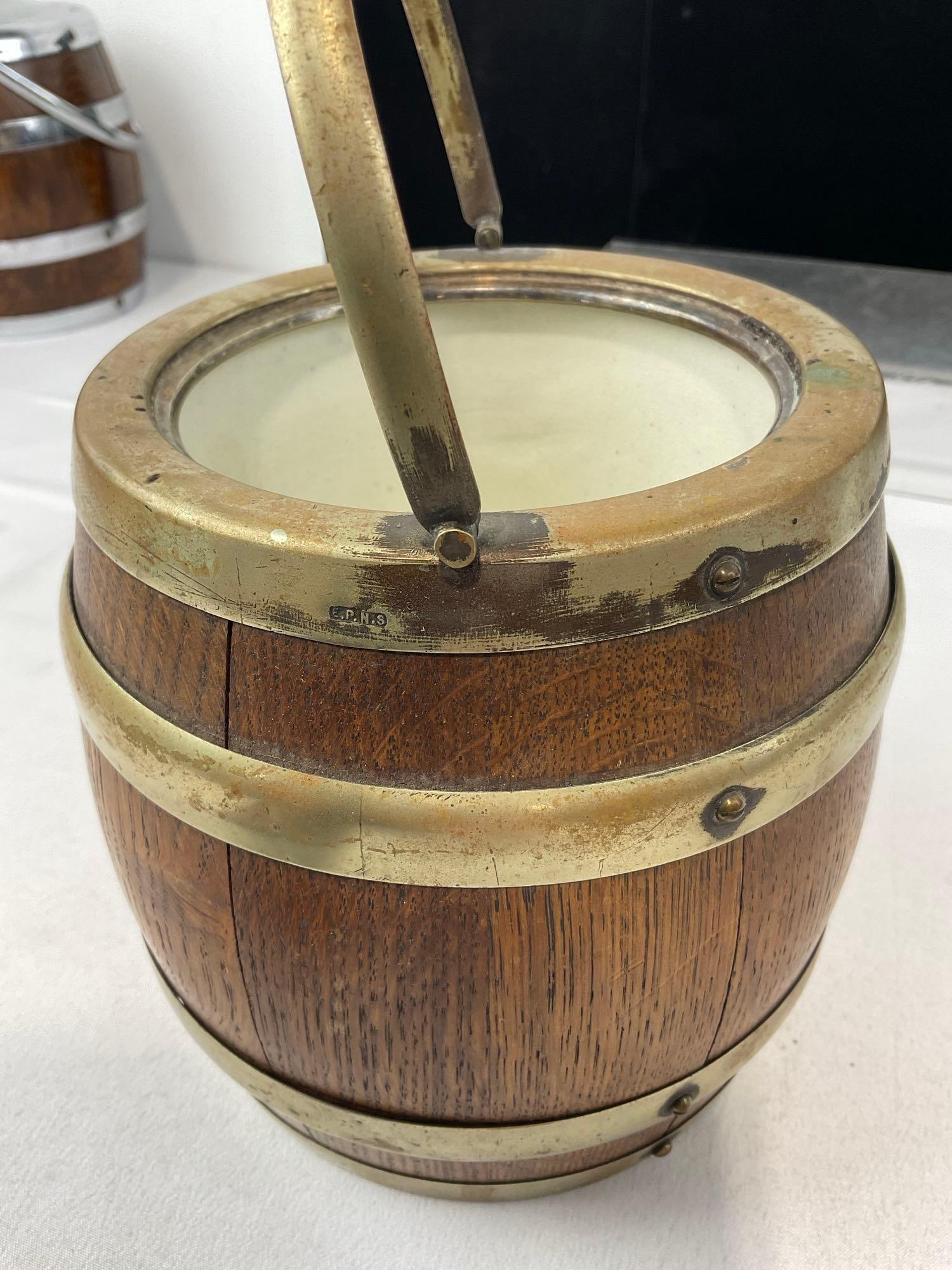 Antique 1920s Danier & Arter Silver Plated Banded Wooden Biscuit Barrel w/Ceramic Liner Inside - 7
