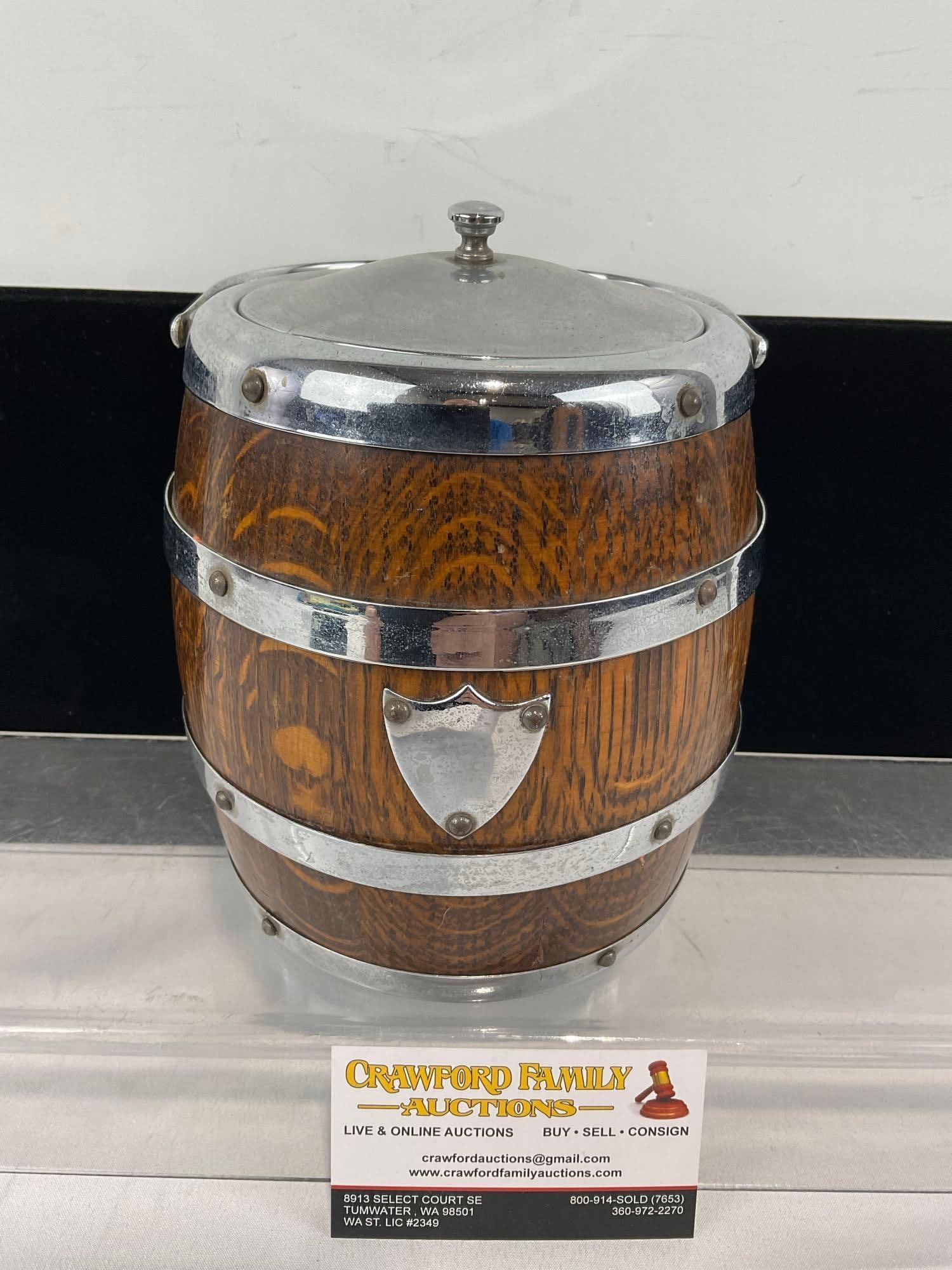Vintage Metal Banded Wooden Biscuit Barrel, w/Ceramic Liner Insert (1 of 3)