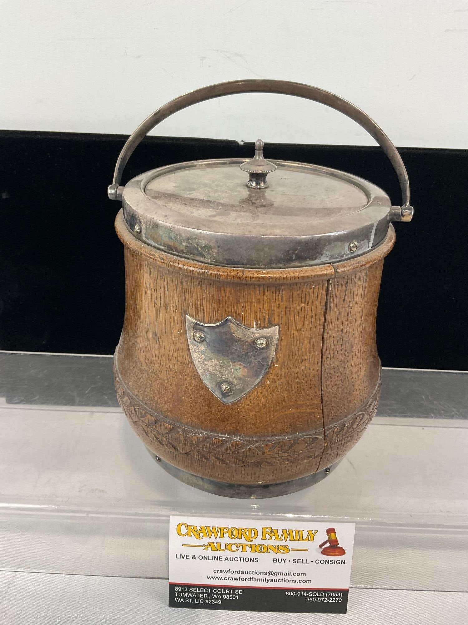 Vintage Silver Plate Banded Wooden Biscuit Barrel marked Made in England: Appears to be in good shape. The piece measures approx 7h x 7w x 7d inches. See pics. E-5860