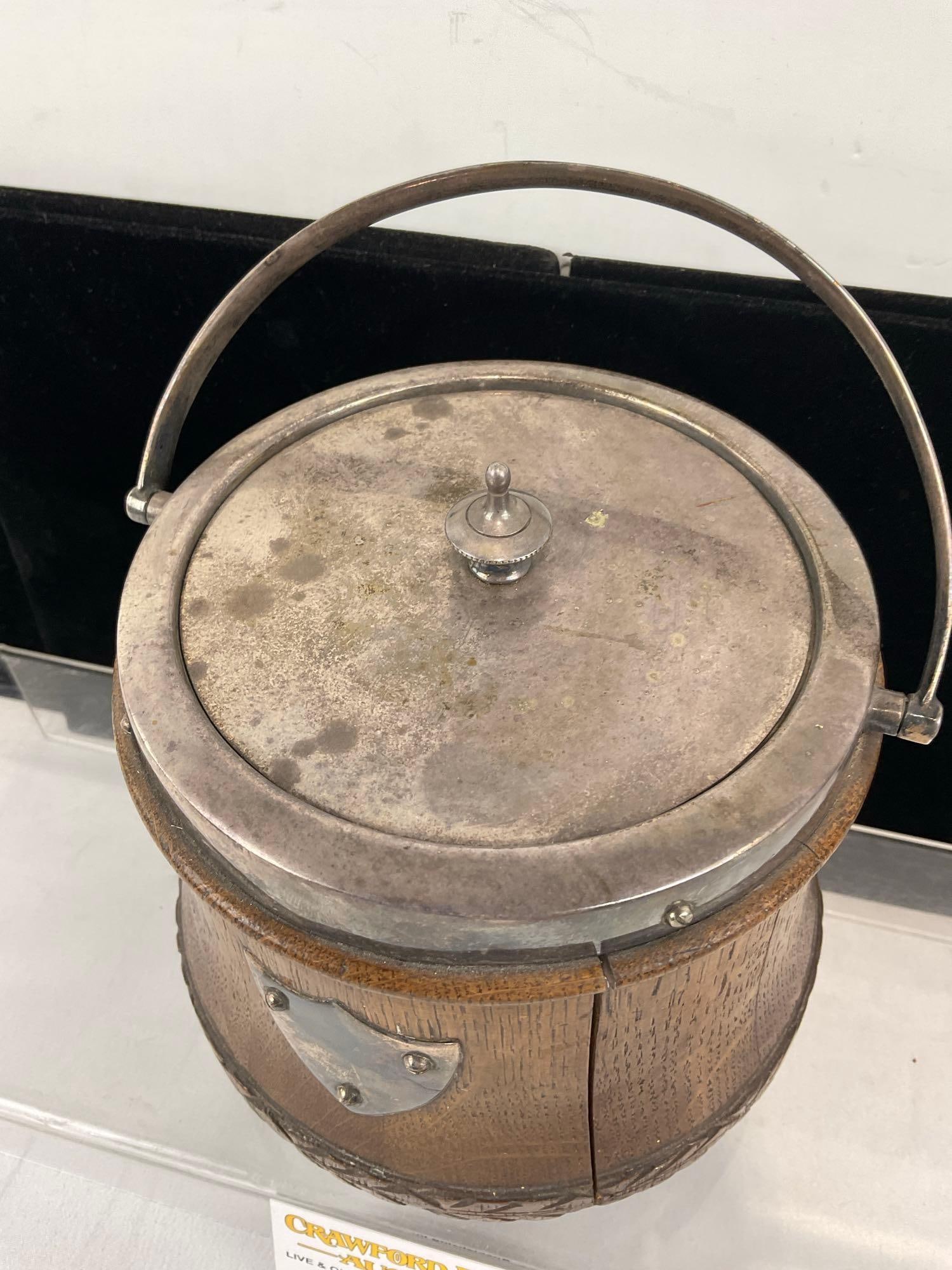 Vintage Silver Plate Banded Wooden Biscuit Barrel marked Made in England - 2