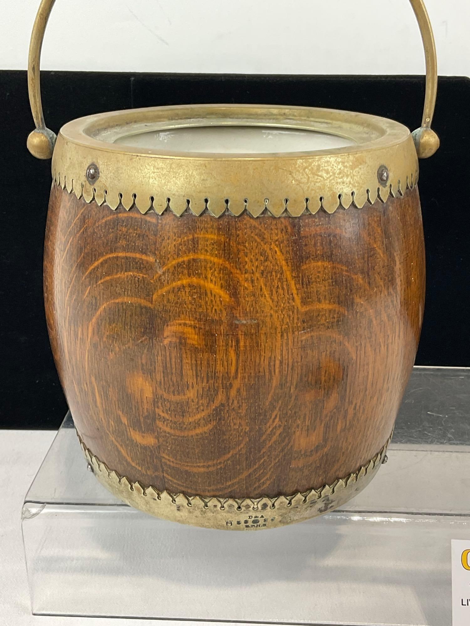 Danier & Arter Silver Plated Banded Wooden Biscuit Barrel w/Ceramic Liner, 6h x 7w x 7d inches - 4