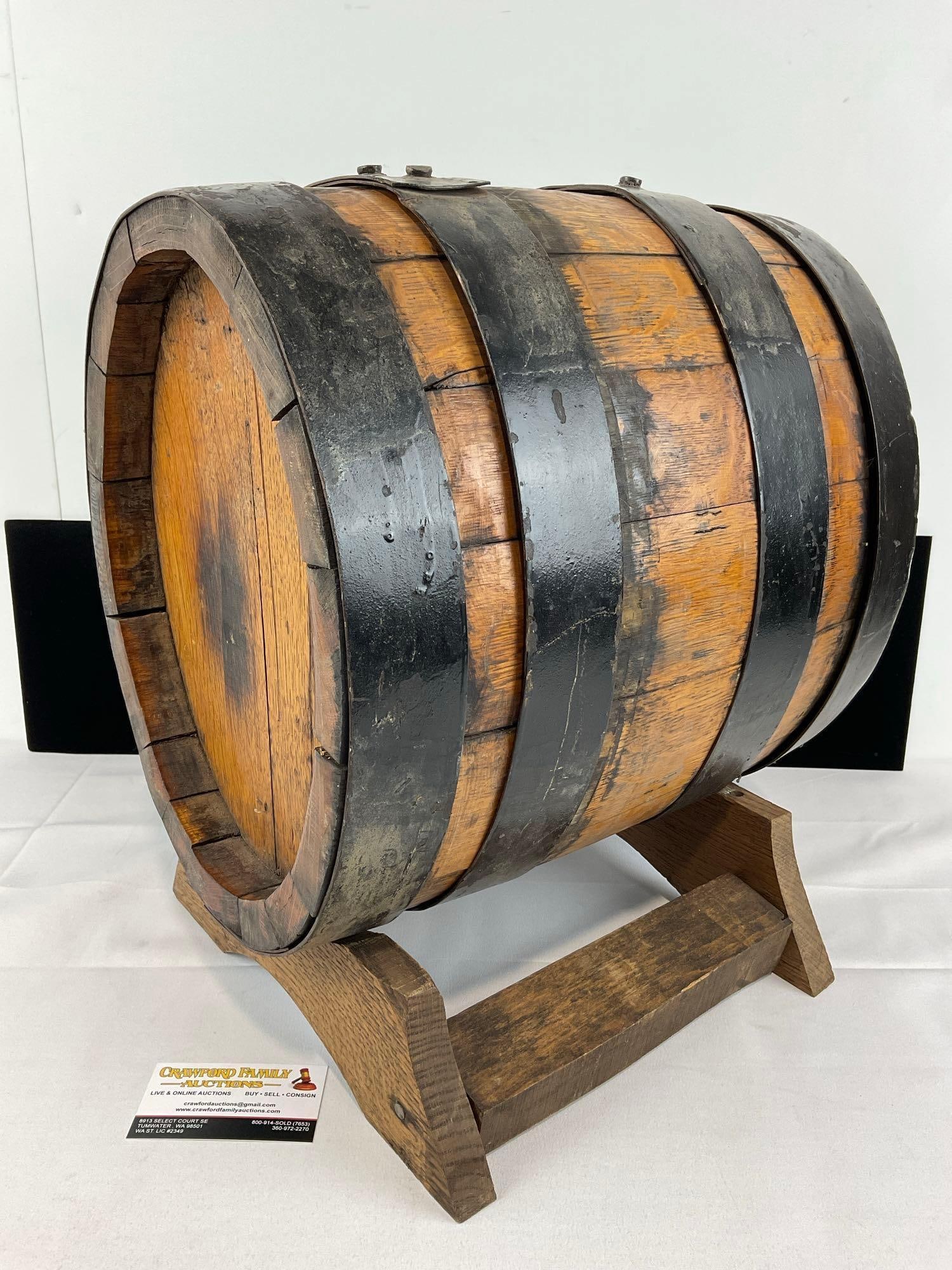 Antique Rustic Tabletop Oak Barrel, Iron Banded, 18h x 15w x 13d inches, w/stand (1 of 4)