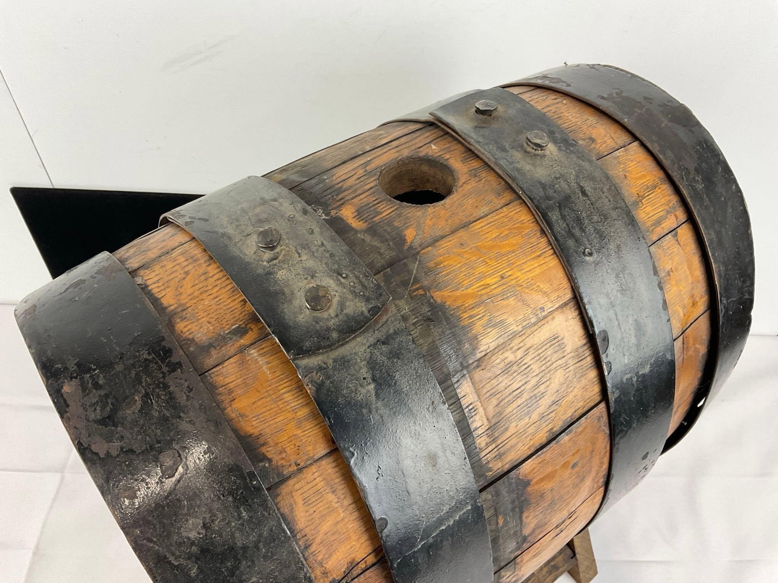 Antique Rustic Tabletop Oak Barrel, Iron Banded, 18h x 15w x 13d inches, w/stand - 2
