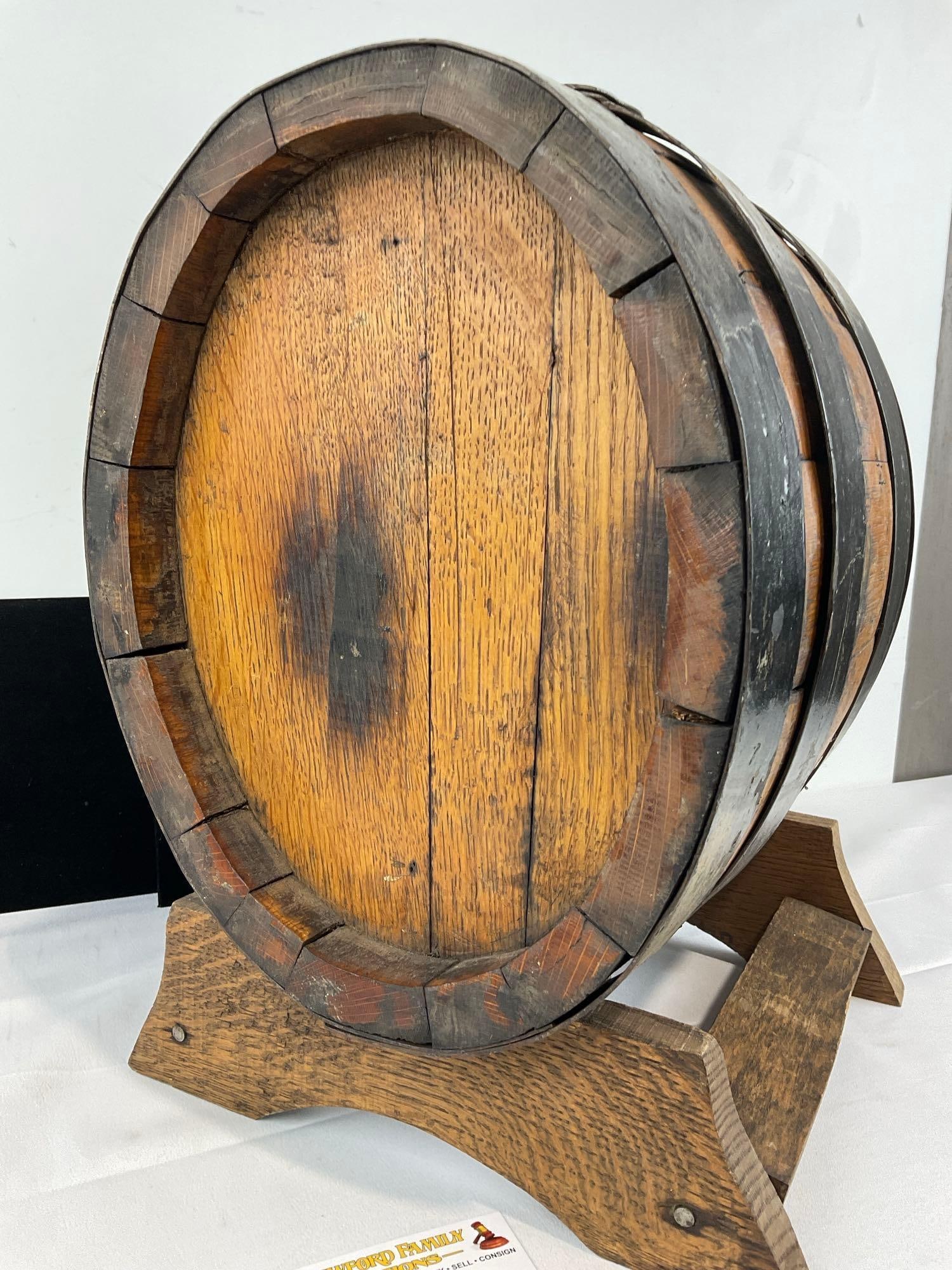 Antique Rustic Tabletop Oak Barrel, Iron Banded, 18h x 15w x 13d inches, w/stand - 3