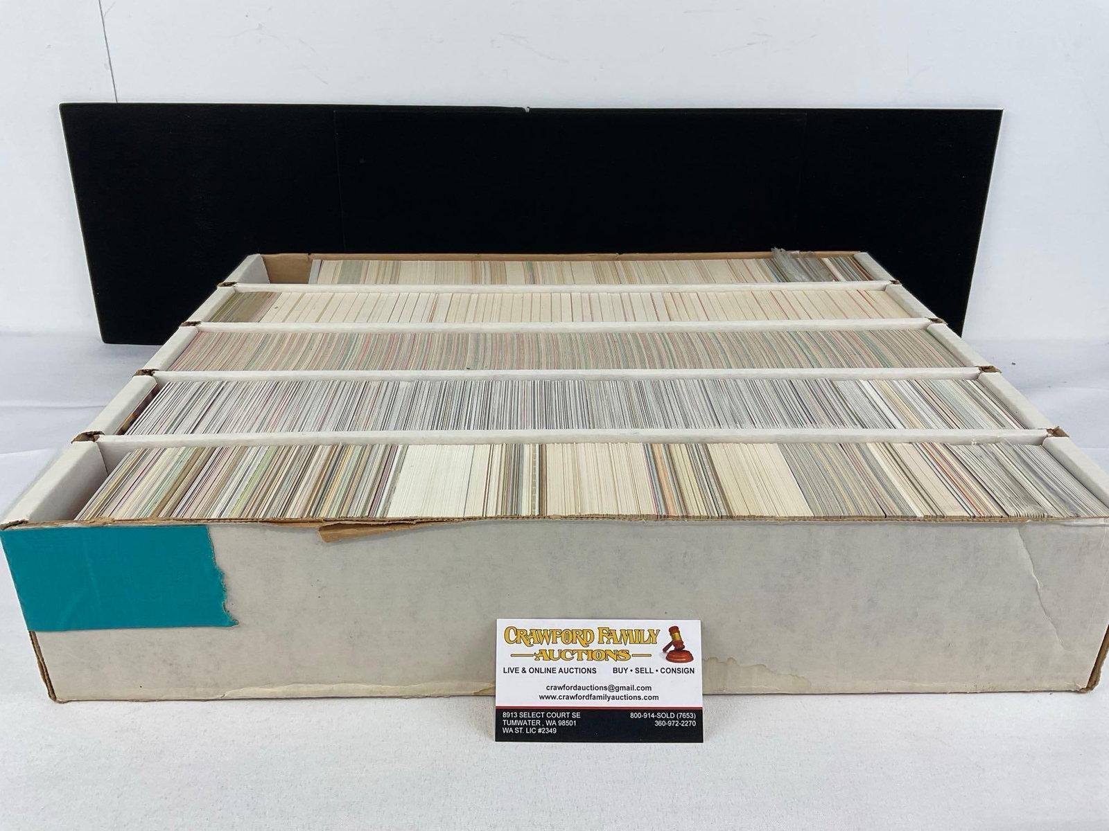 Box of Vintage 5k Sports Cards, Basketball & Baseball, Upper Deck 90, Donruss 86, 90s Score & more: Large box of sports cards, unresearched, and all from the same collection. Appears to be in good shape. The piece measures approx 5h x 19w x 16d inches. See pics. E-5940
