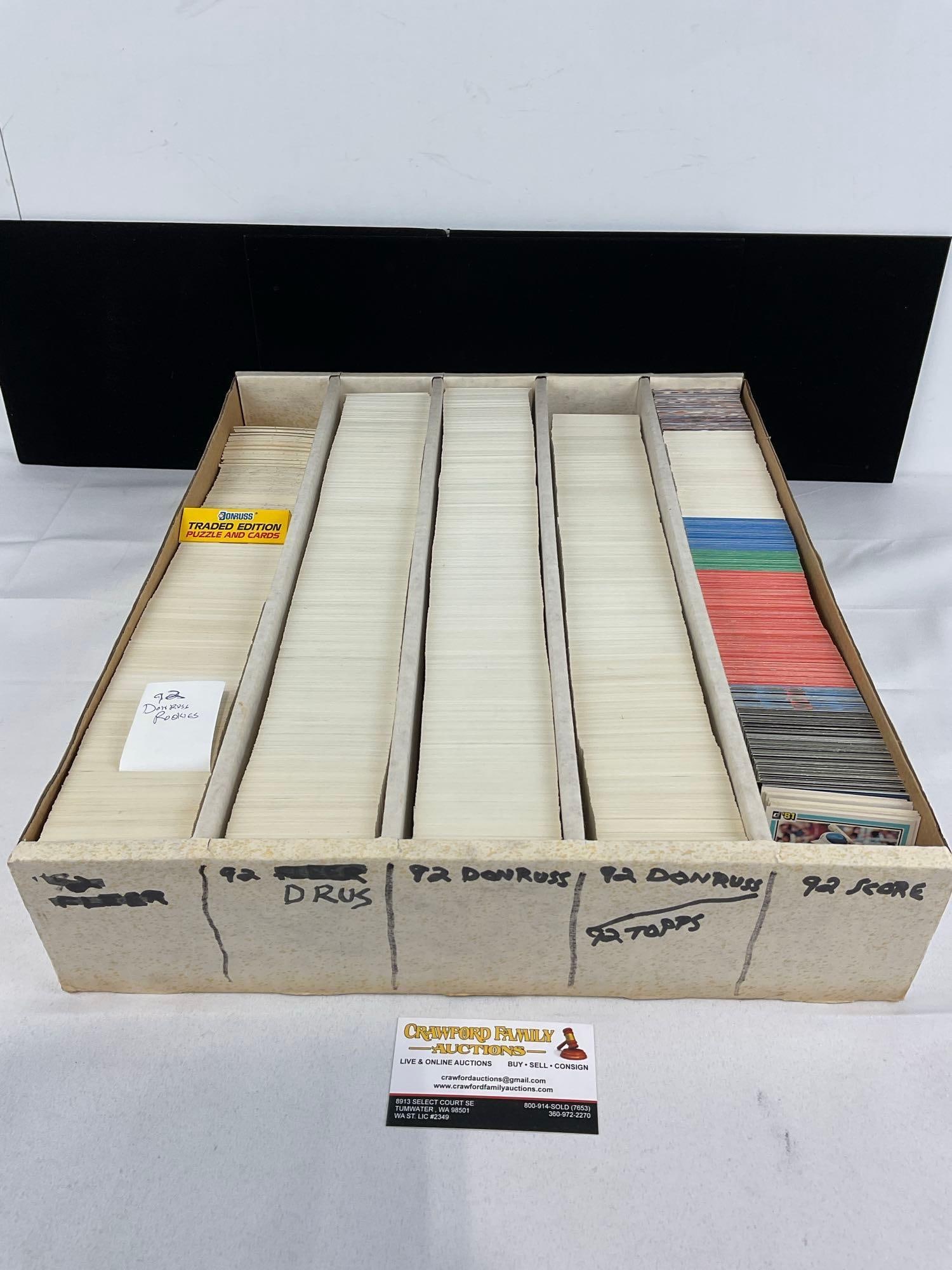 Box of Vintage 5k Sports Cards, 1992 Donruss, Score, Topps, & more, Baseball, w/Puzzle cards: Large box of sports cards, unresearched, and all from the same collection. Appears to be in good shape. The piece measures approx 5h x 19w x 16d inches. See pics. E-5940