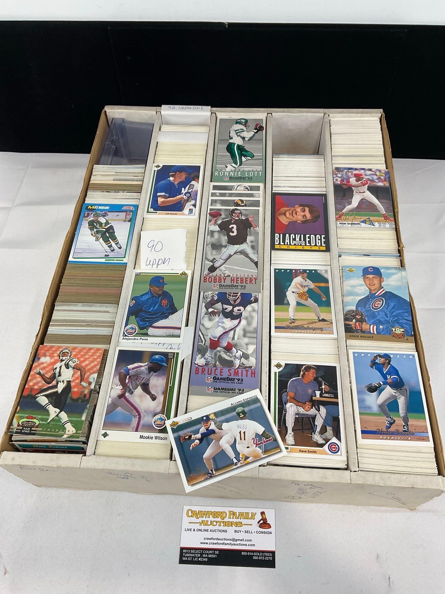 Box of Vintage 5k+ Sports Cards, 90s Upper Deck Baseball, some Topps Football & Score 91 Hockey: Large box of sports cards, unresearched, and all from the same collection. Appears to be in good shape. The piece measures approx 5h x 19w x 16d inches. See pics. E-5940