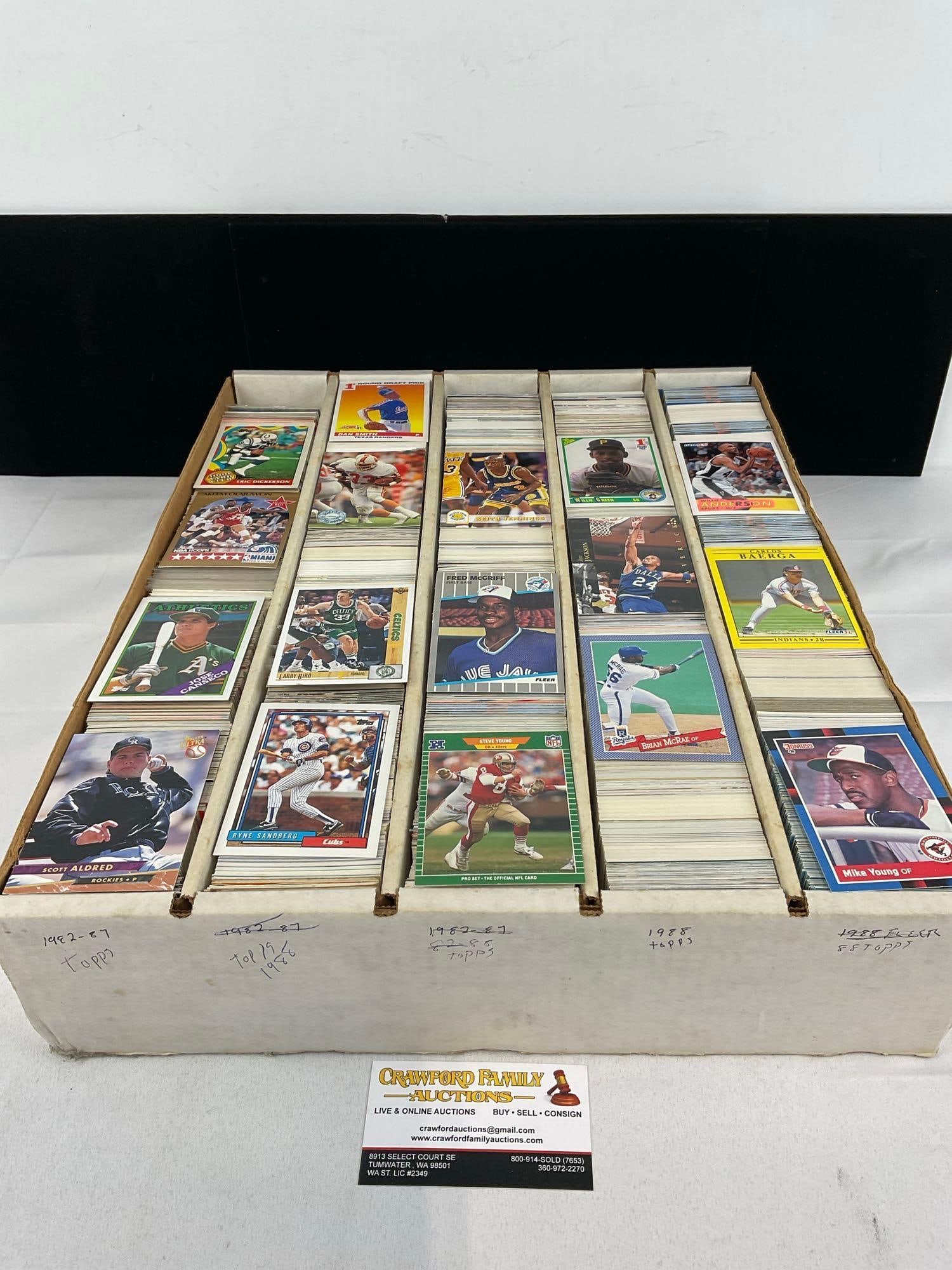 Box of Vintage 5k+ Sports Cards, Fleer Ultra, Topps, Upper Deck, Baseball, Basketball & Football: Large box of sports cards, unresearched, and all from the same collection. Appears to be in good shape. The piece measures approx 5h x 19w x 16d inches. See pics. E-5940