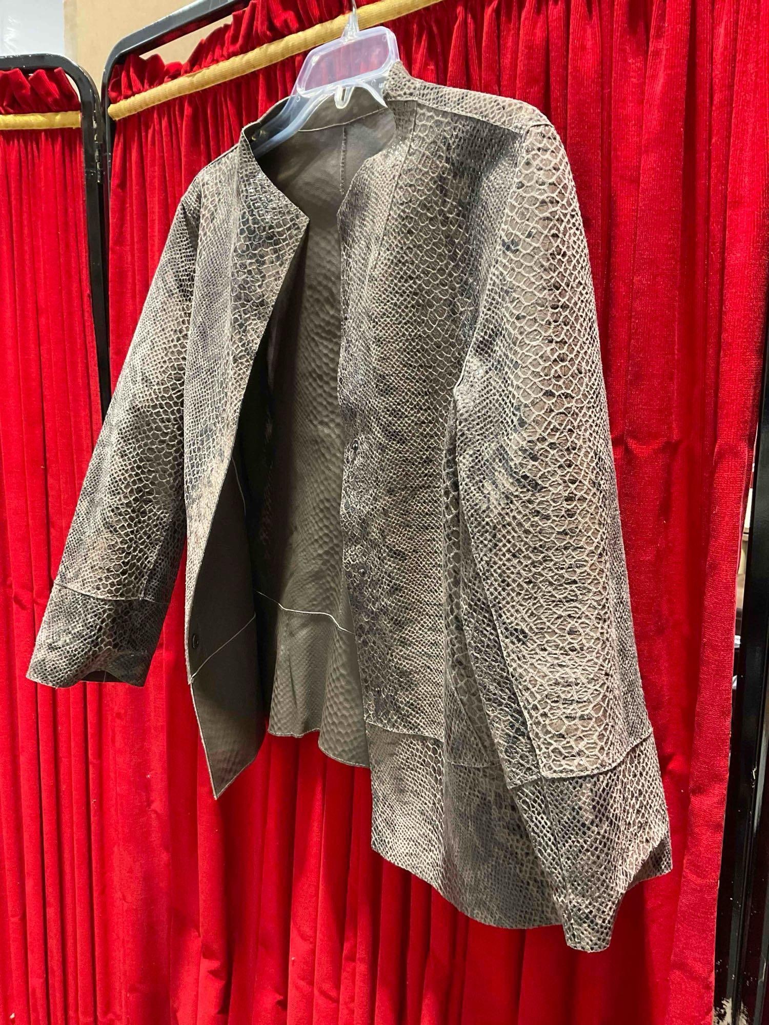 Hand Made Beige Leather Ladies Jacket w/ Faux Snakeskin Print. Good Condition. See pics. - 3