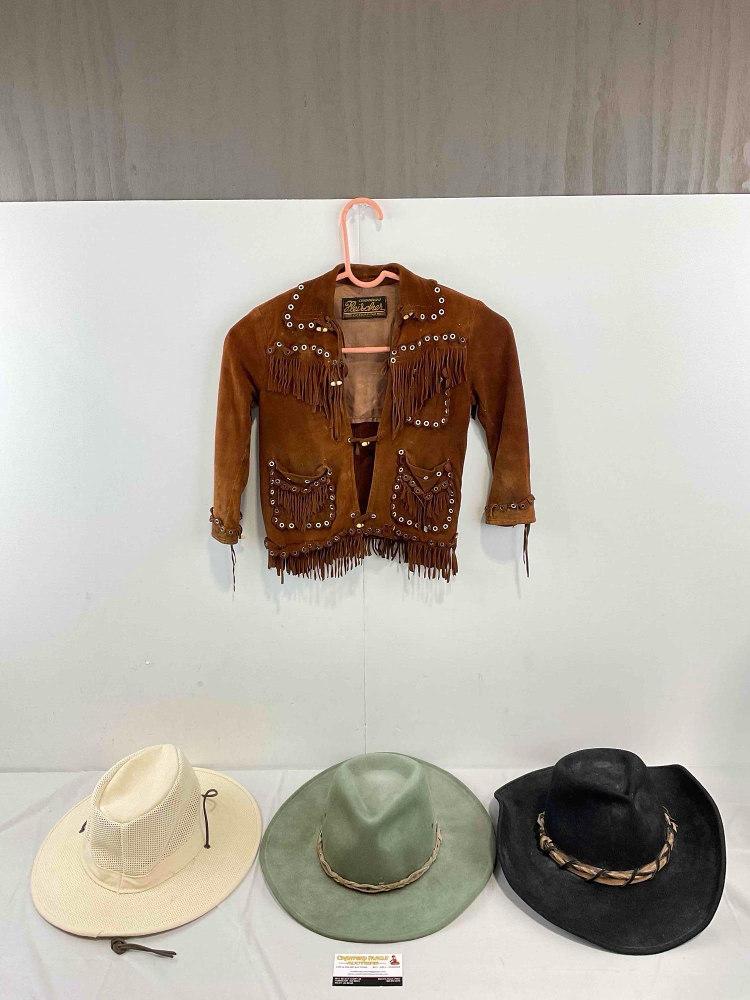 4 pcs Western Style Accessories, incl. Vintage Heischer Child's Suede Jacket, & 3x Hats.: 4 pcs Western Style Accessories, incl. Vintage Heischer Child's Suede Jacket, & 3x Hats. 2 of the hats are wool, 1 looks to be canvas. Brands are Shady Brady size Large, green Dorfman Pacific size